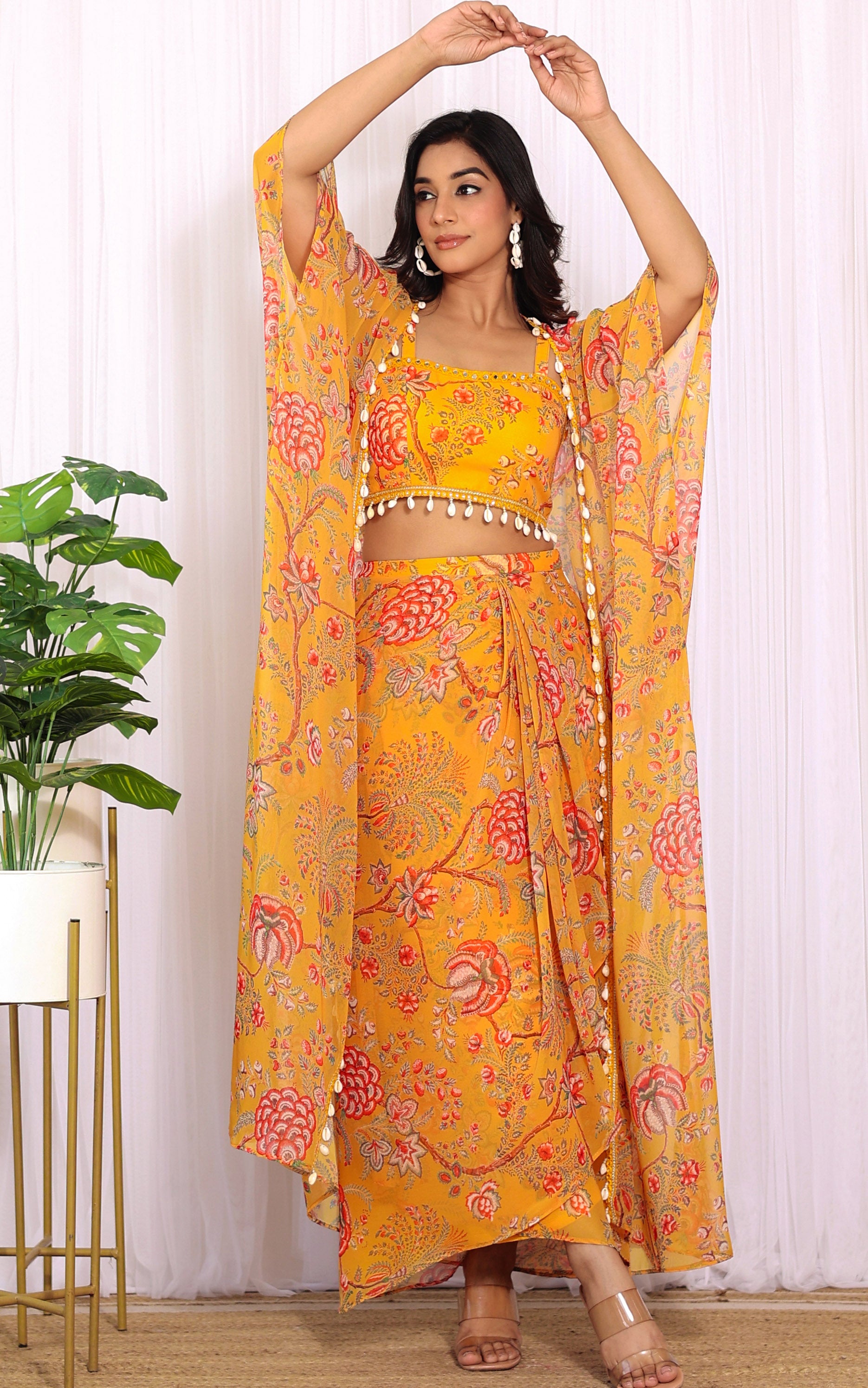 Niharika Mustard Floral Printed Georgette Crop Top & Draped Skirt Co-ord Set