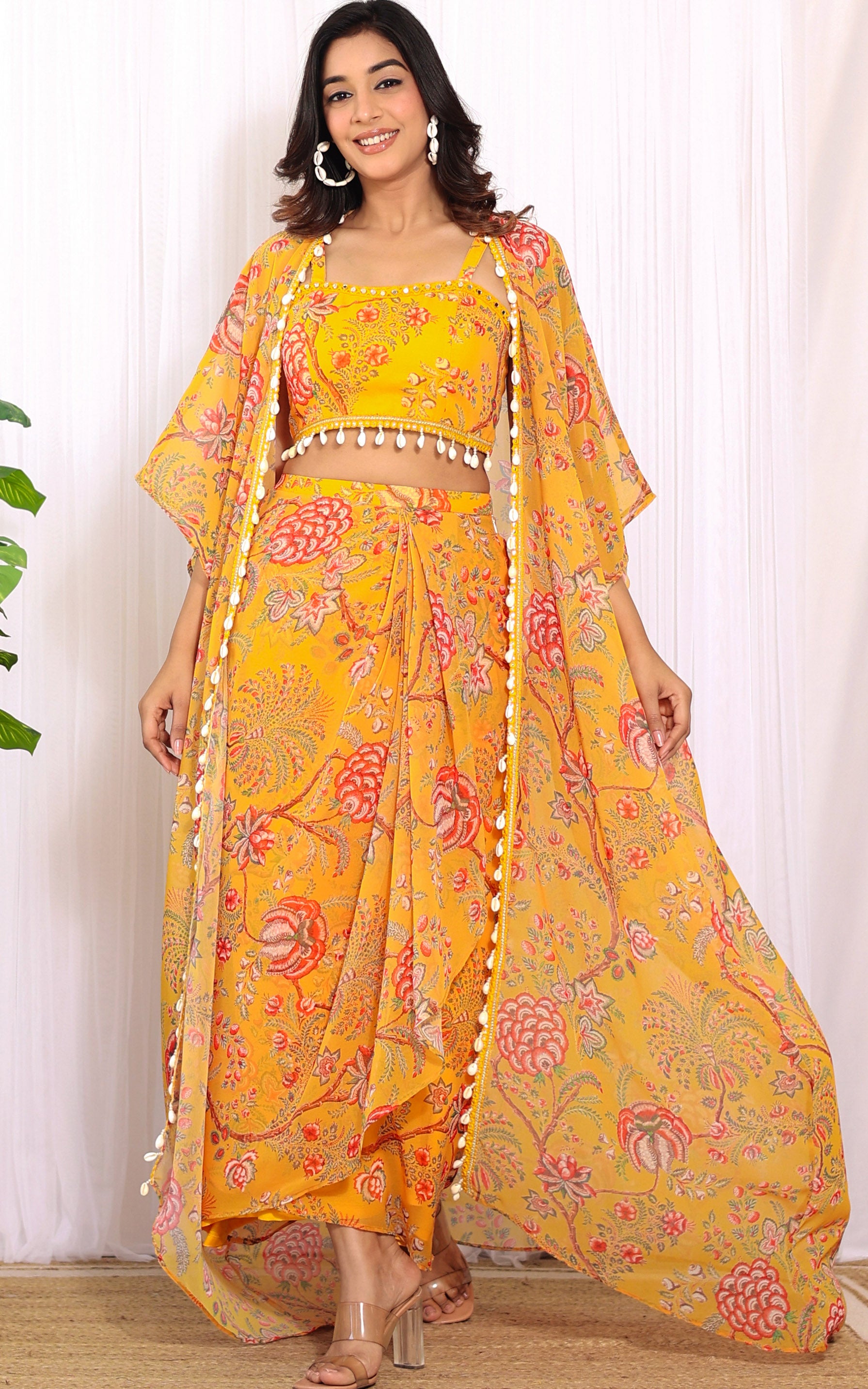 Niharika Mustard Floral Printed Georgette Crop Top & Draped Skirt Co-ord Set