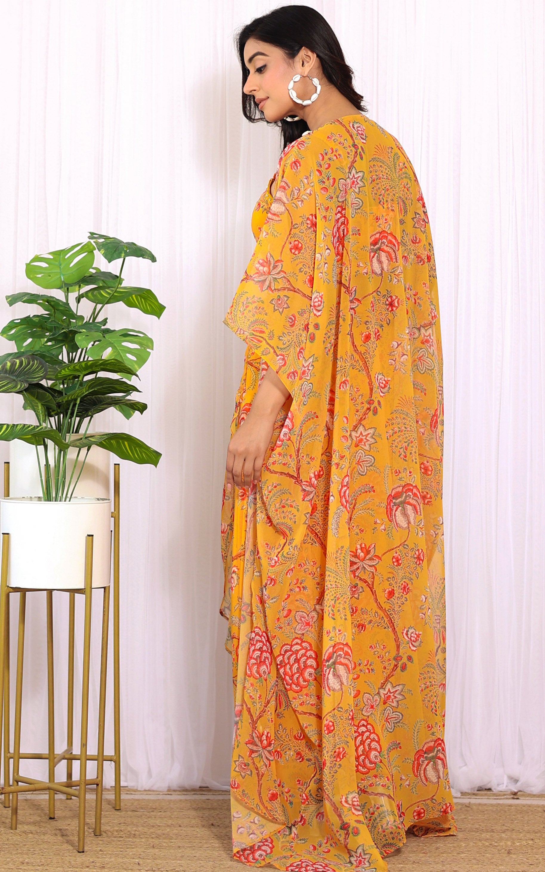 Niharika Mustard Floral Printed Georgette Crop Top & Draped Skirt Co-ord Set