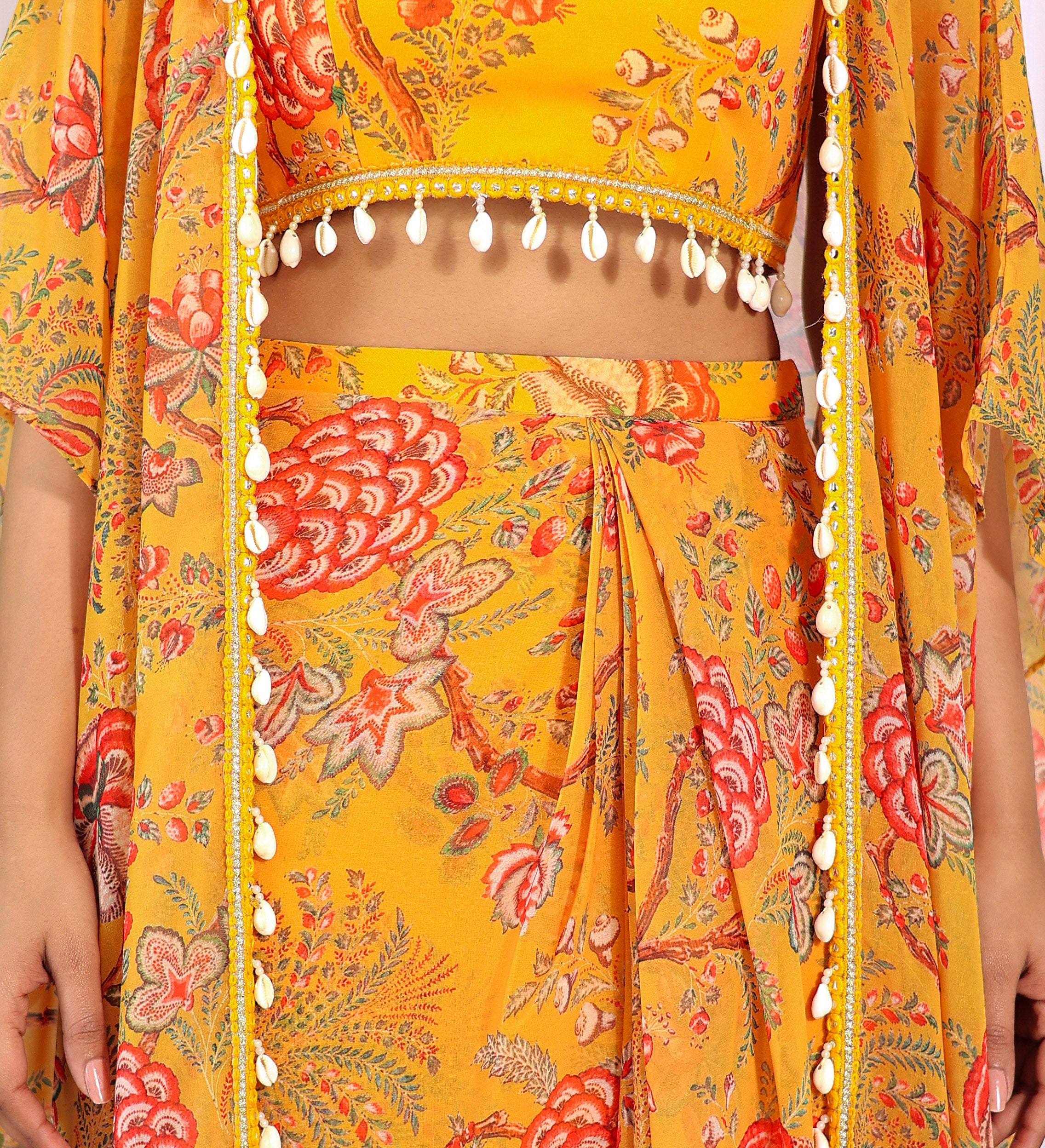 Niharika Mustard Floral Printed Georgette Crop Top & Draped Skirt Co-ord Set