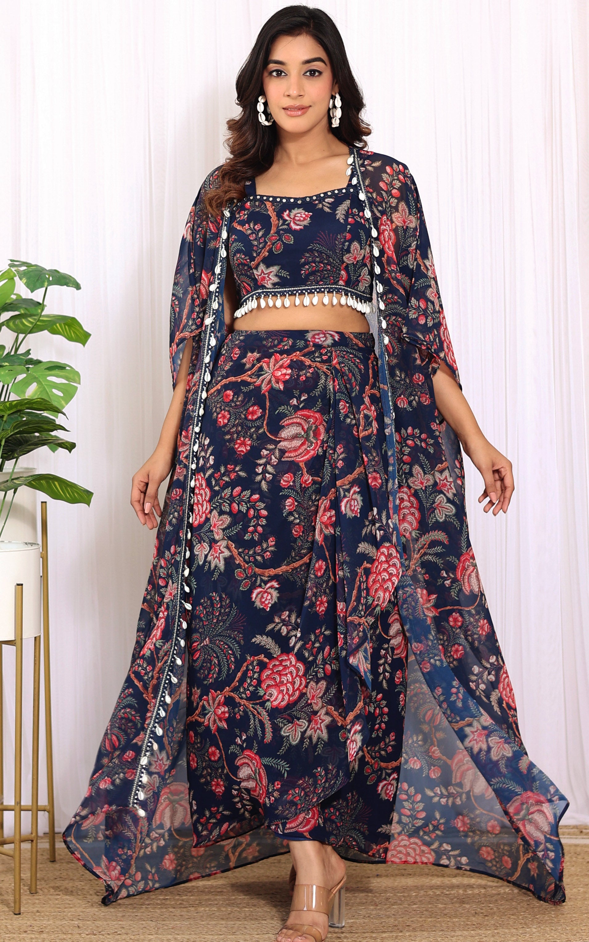 Simran Sethi Navy Blue Printed Georgette Crop Top & Draped Skirt Co-ord Set