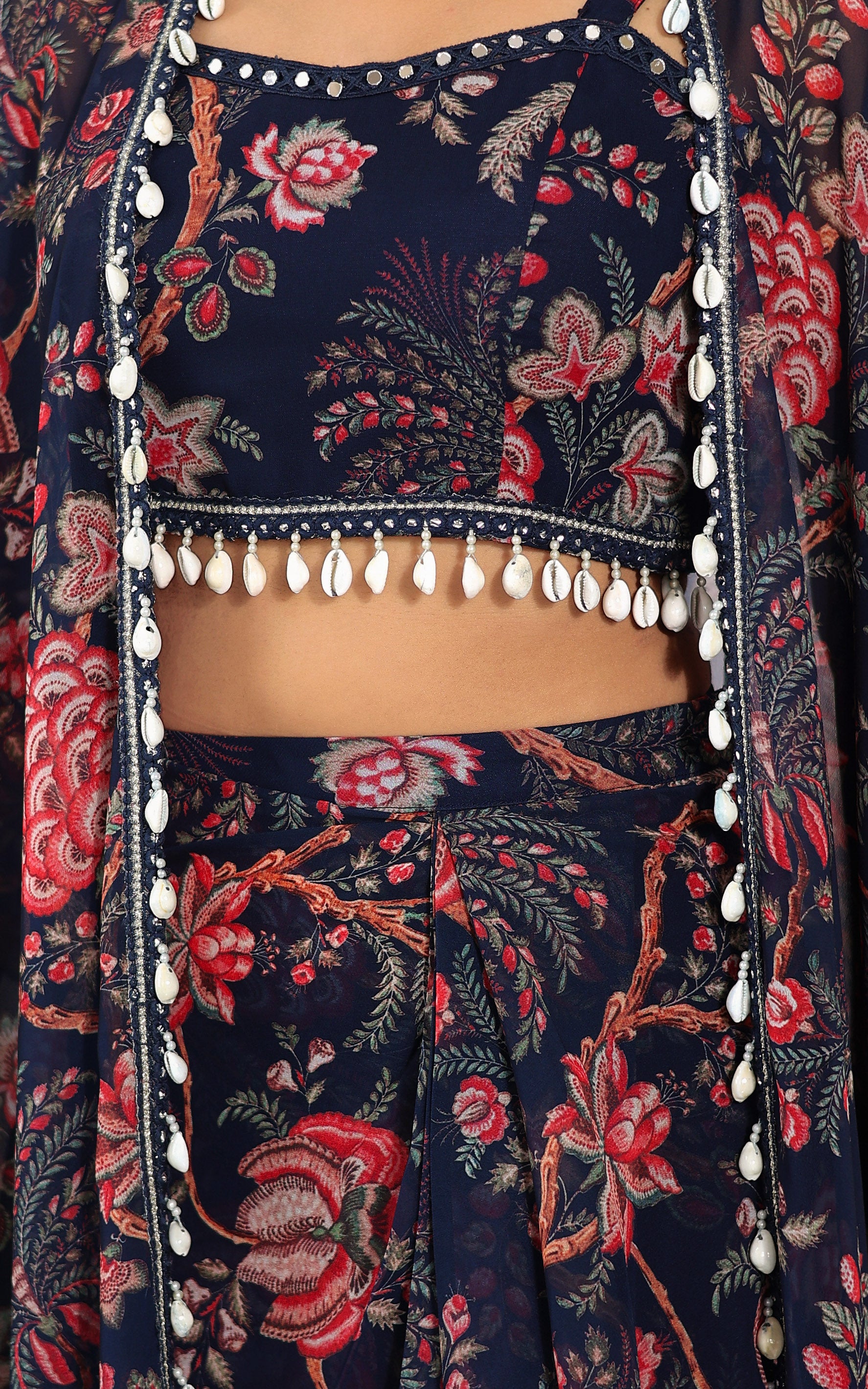 Simran Sethi Navy Blue Printed Georgette Crop Top & Draped Skirt Co-ord Set