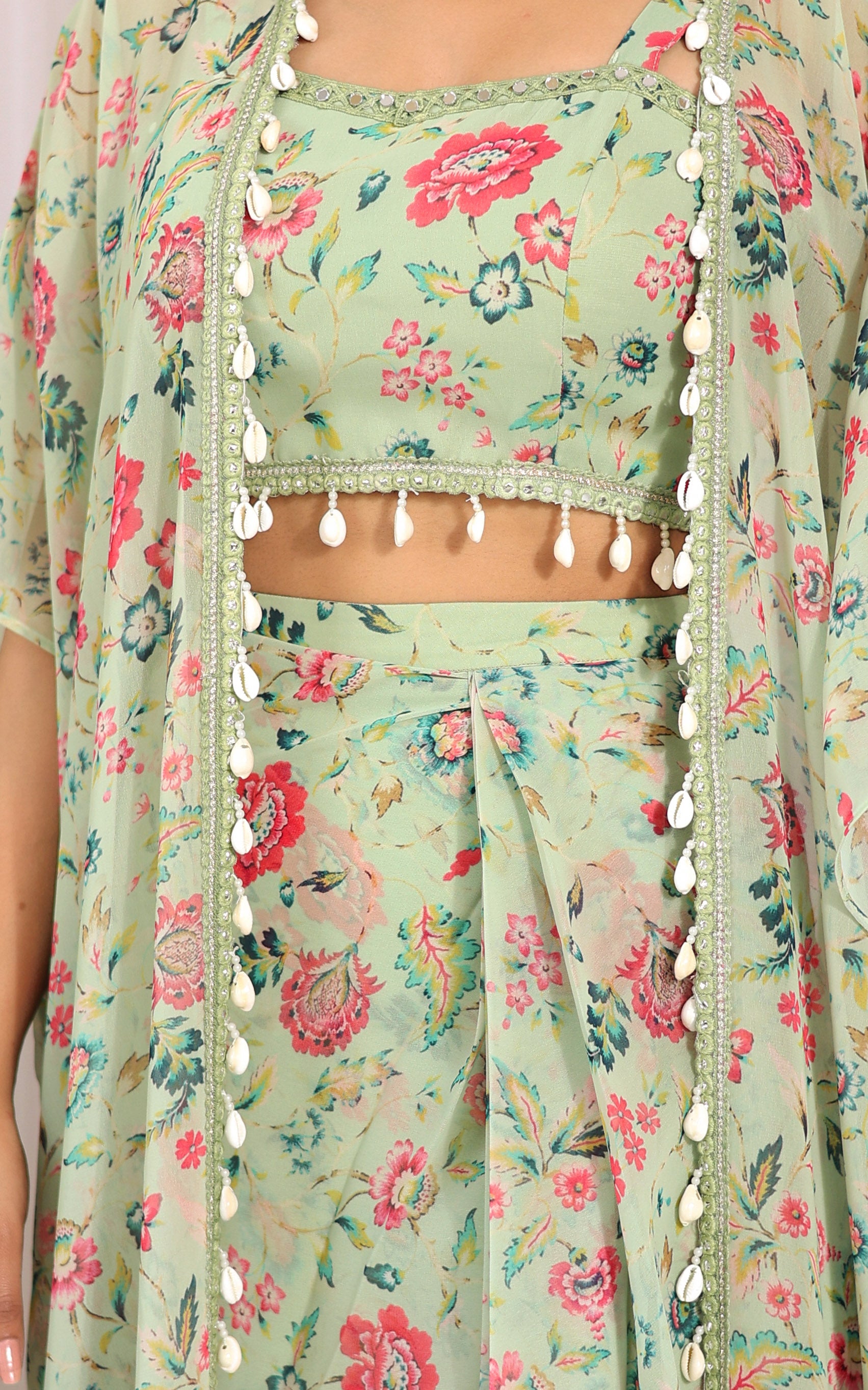Sharmin Panjwani Sage Green Printed Georgette Crop Top & Draped Skirt Co-ord Set