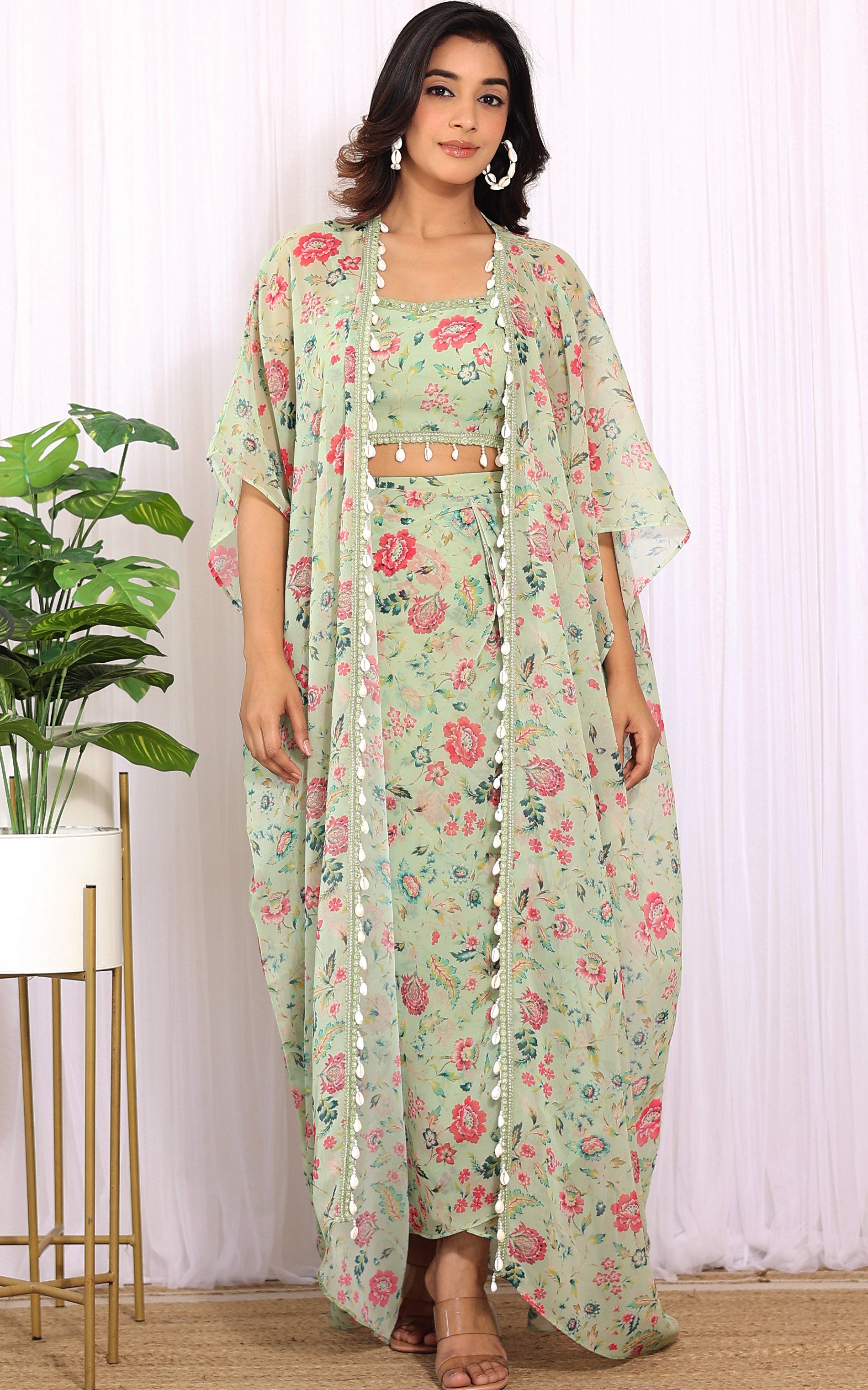 Sharmin Panjwani Sage Green Printed Georgette Crop Top & Draped Skirt Co-ord Set