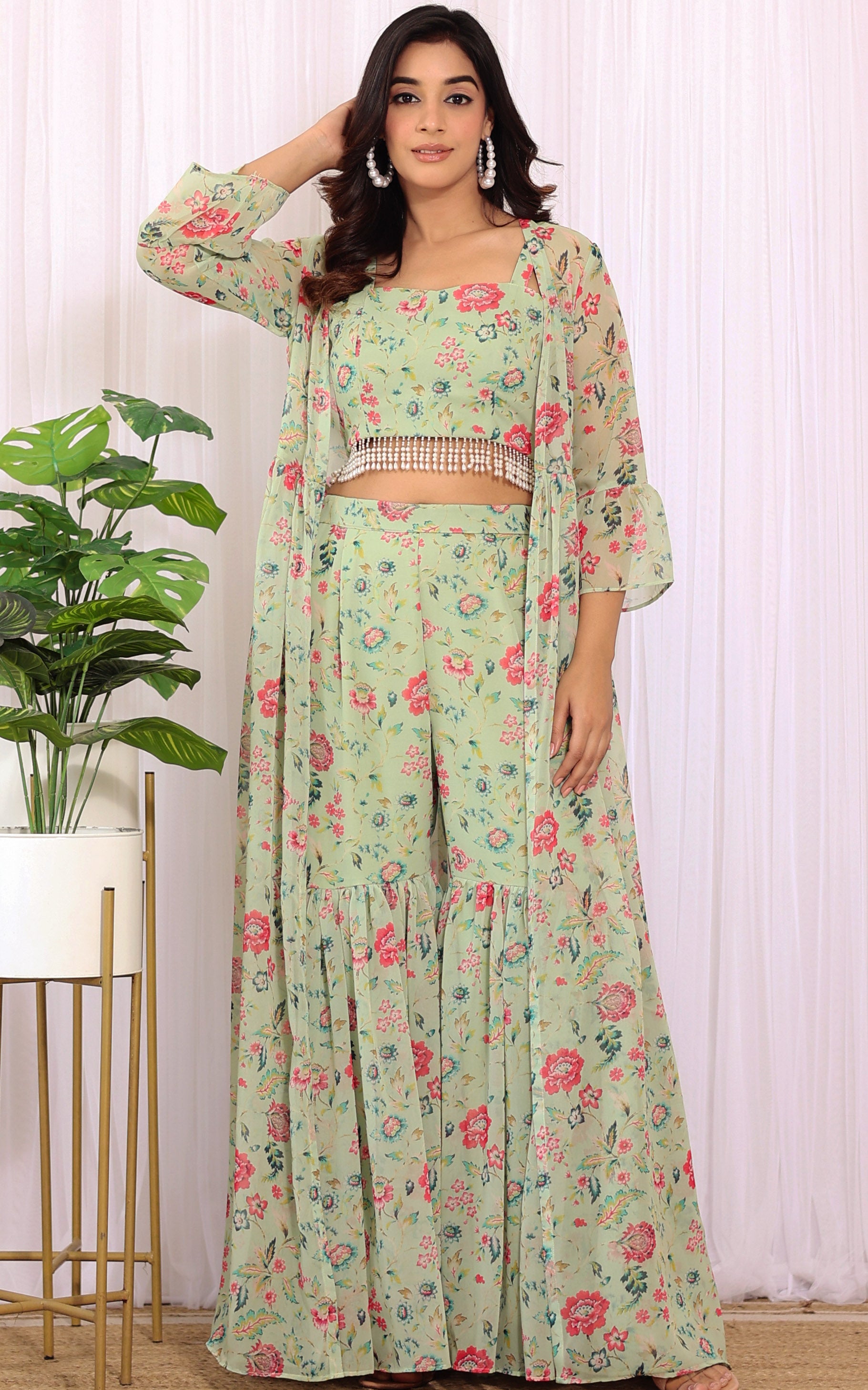 Vidhya Sage Green Printed Georgette Crop-Top & Sharara Set