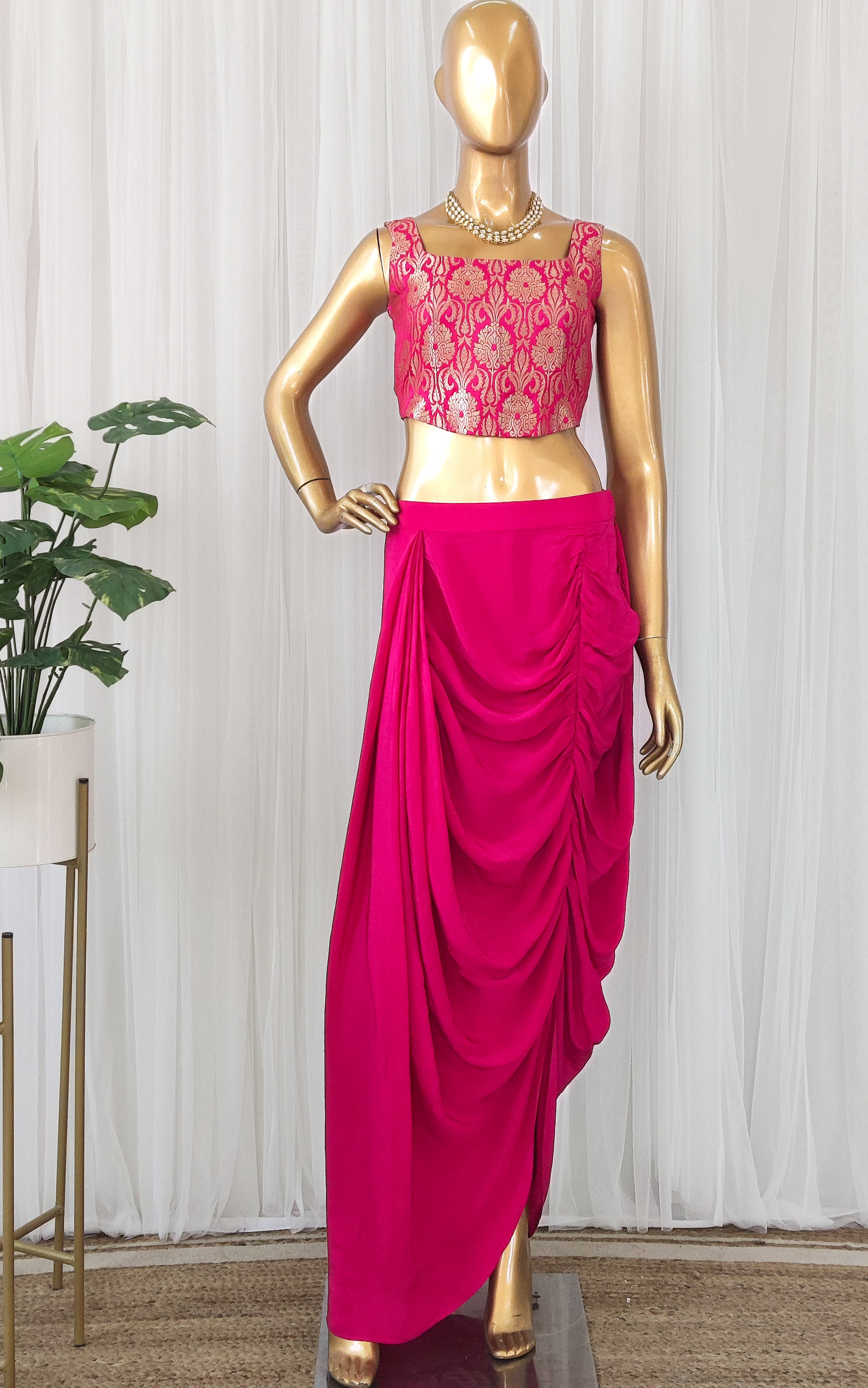 Fuschia Brocade Corset & Draped Skirt Set