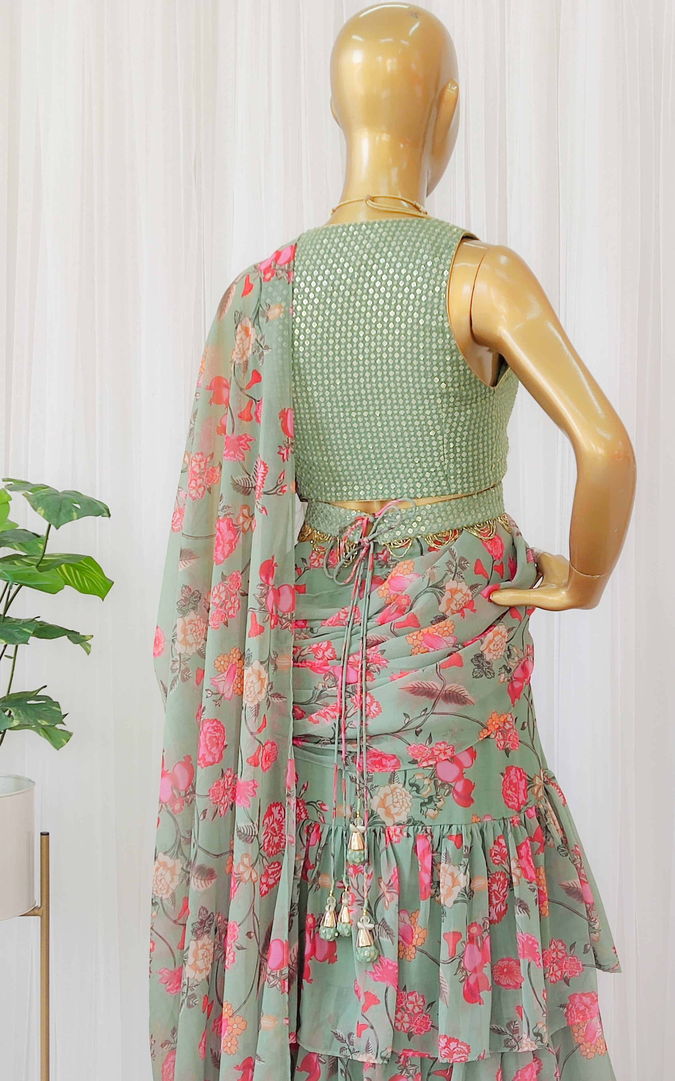 Forest Green Georgette Pre-Stitched Ruffle Saree with Embellished Belt