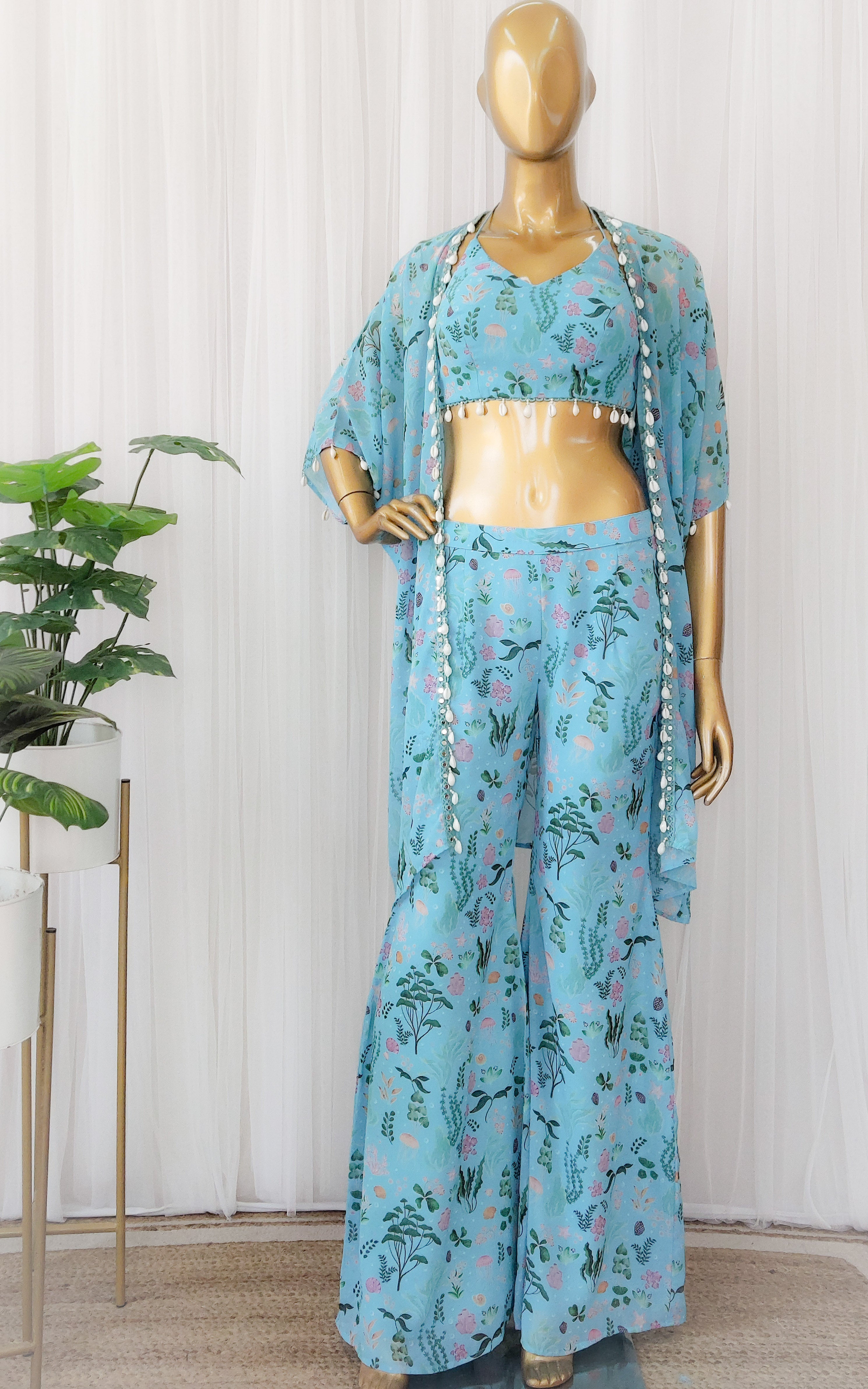 Carribean Printed Georgette Jacket Pant Co-ord Set