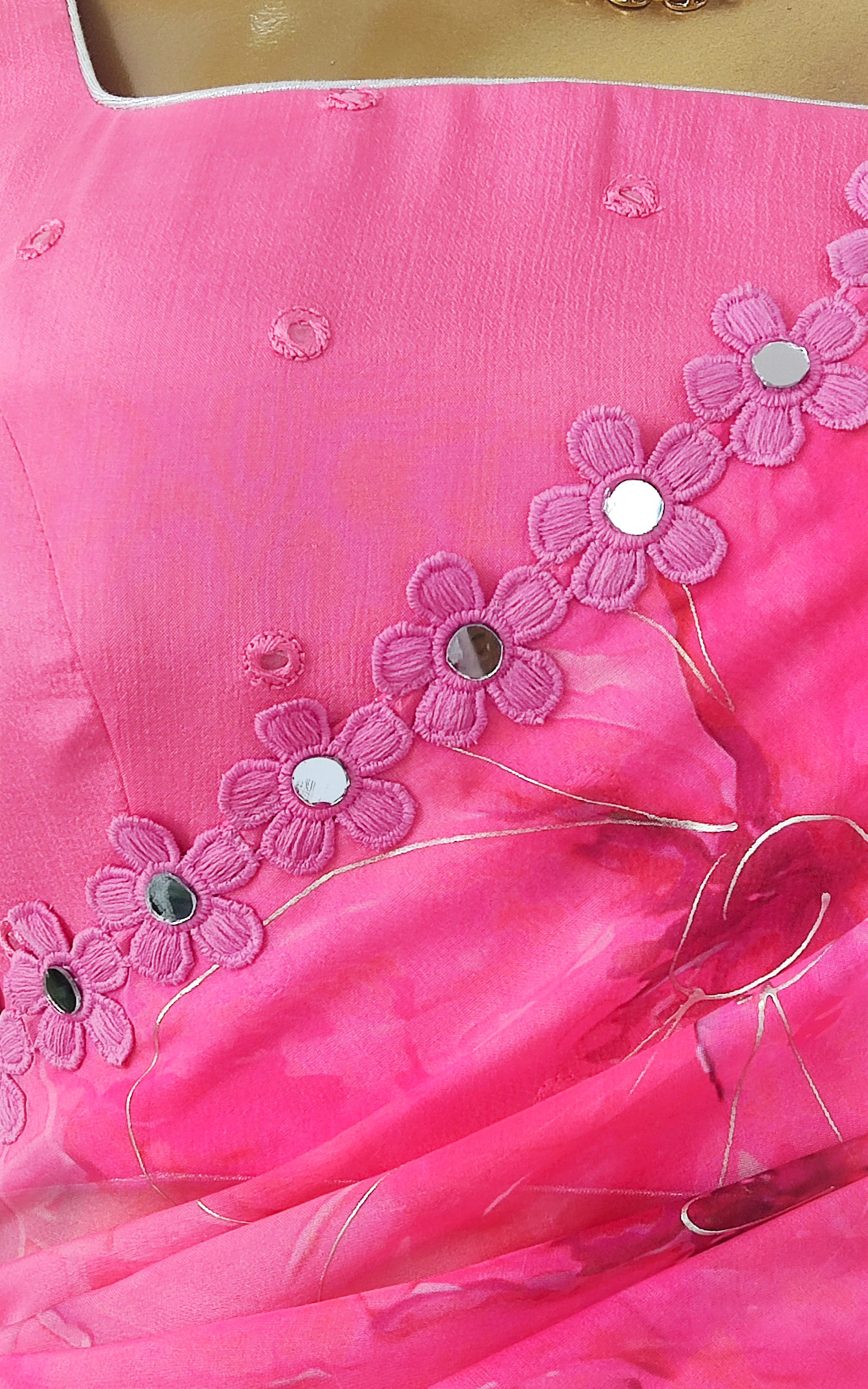 Pink Floral Organza Mirrorwork Saree