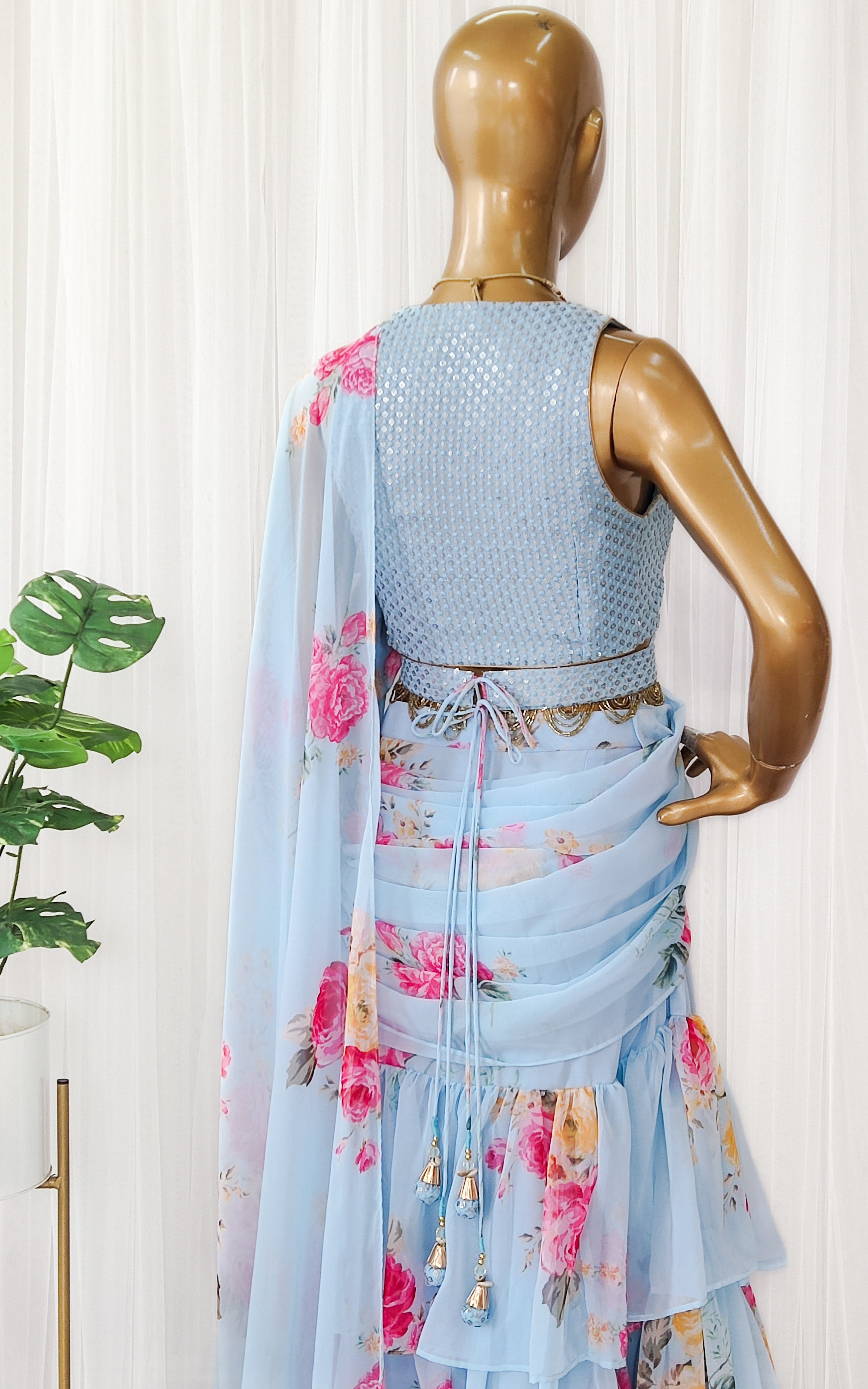 Sky Blue Floral Pre-Stitched Ruffle Saree With Embellished Belt