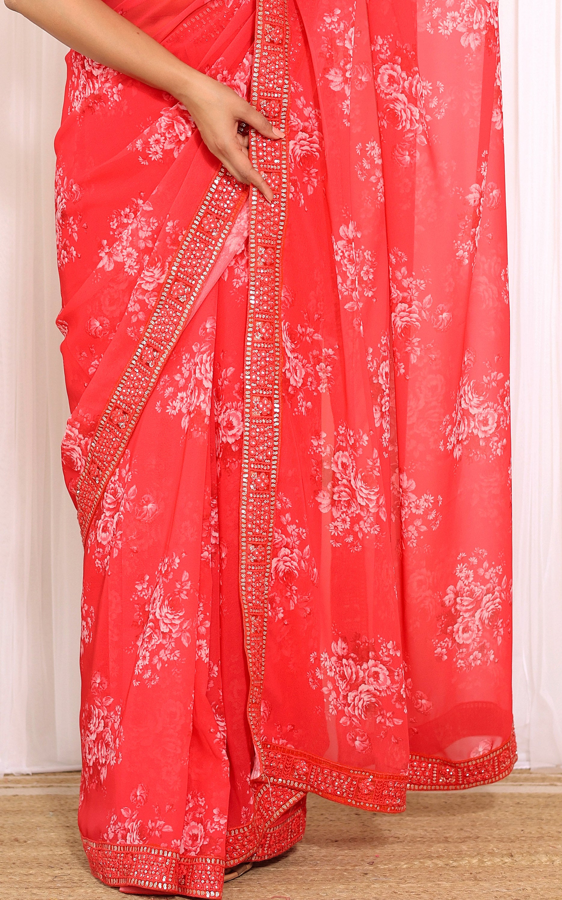 Red Floral Printed Georgette Saree