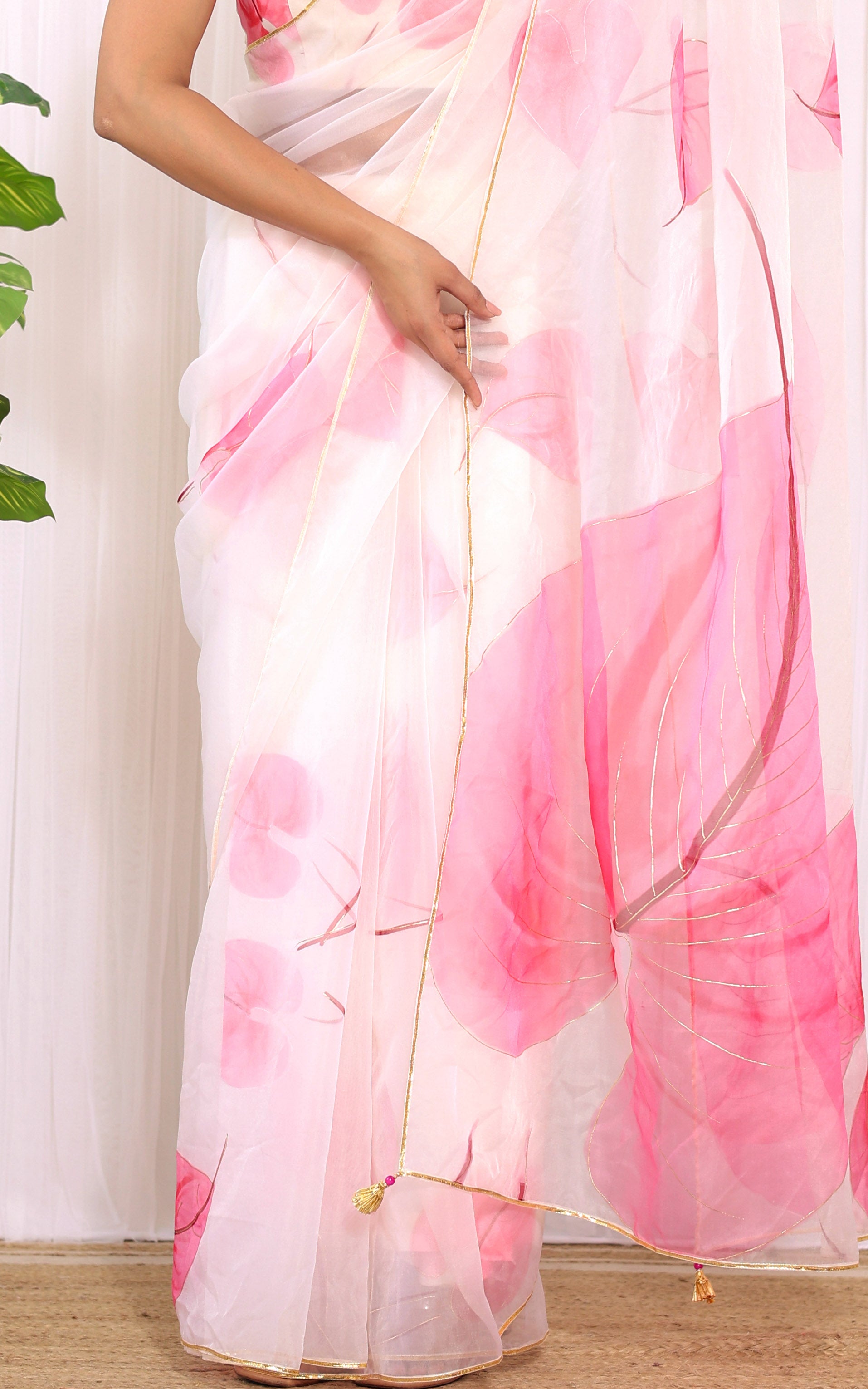 Kautuka Pink Anthurium Handpainted Organza Saree