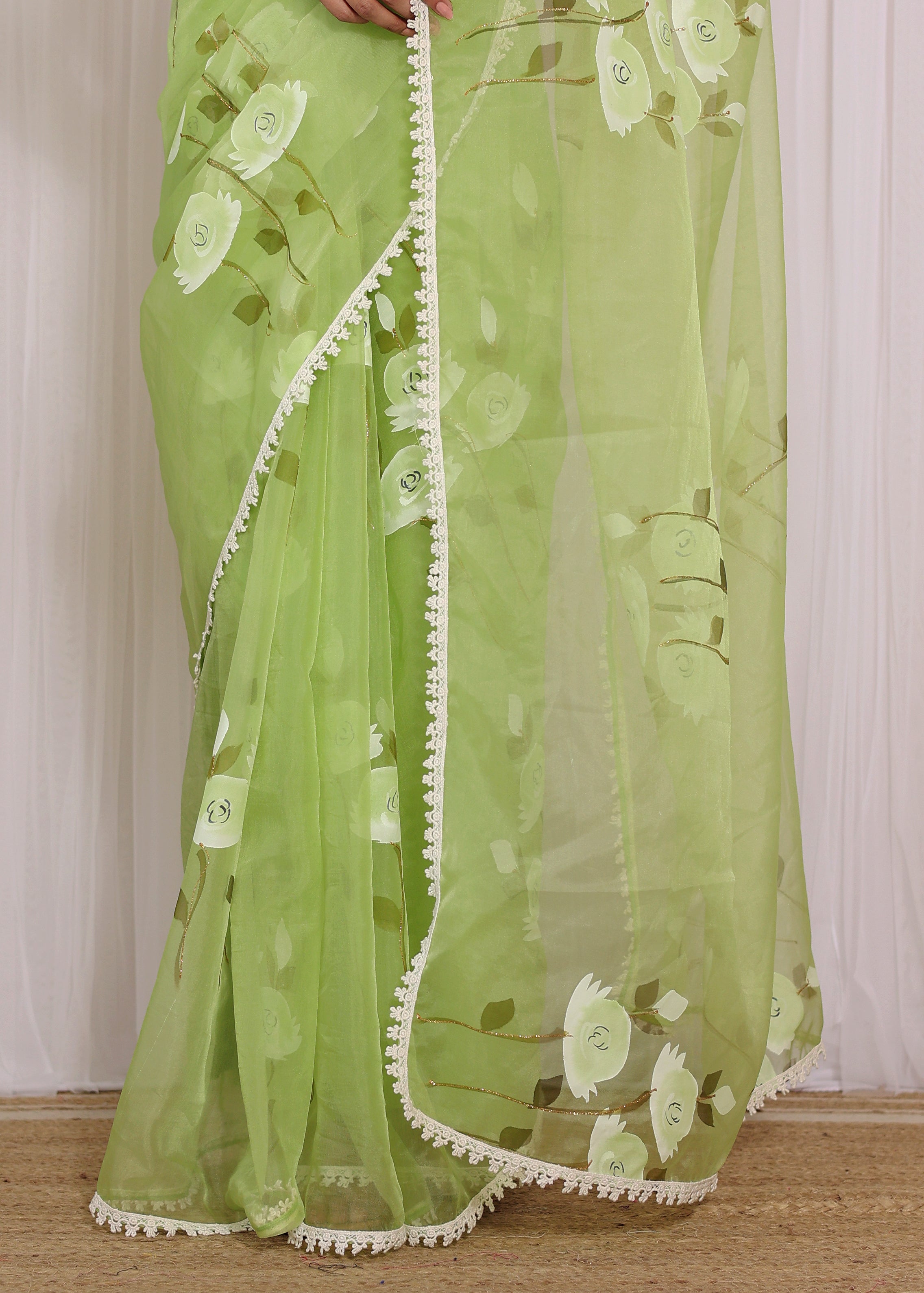 Pepper Mint Handpainted Organza Saree