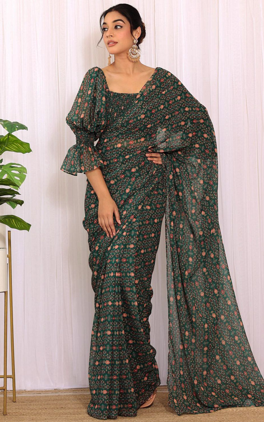 Shreya Arora Bottle Green Pre-Stitched Printed Georgette Saree With Smocked Crop Top