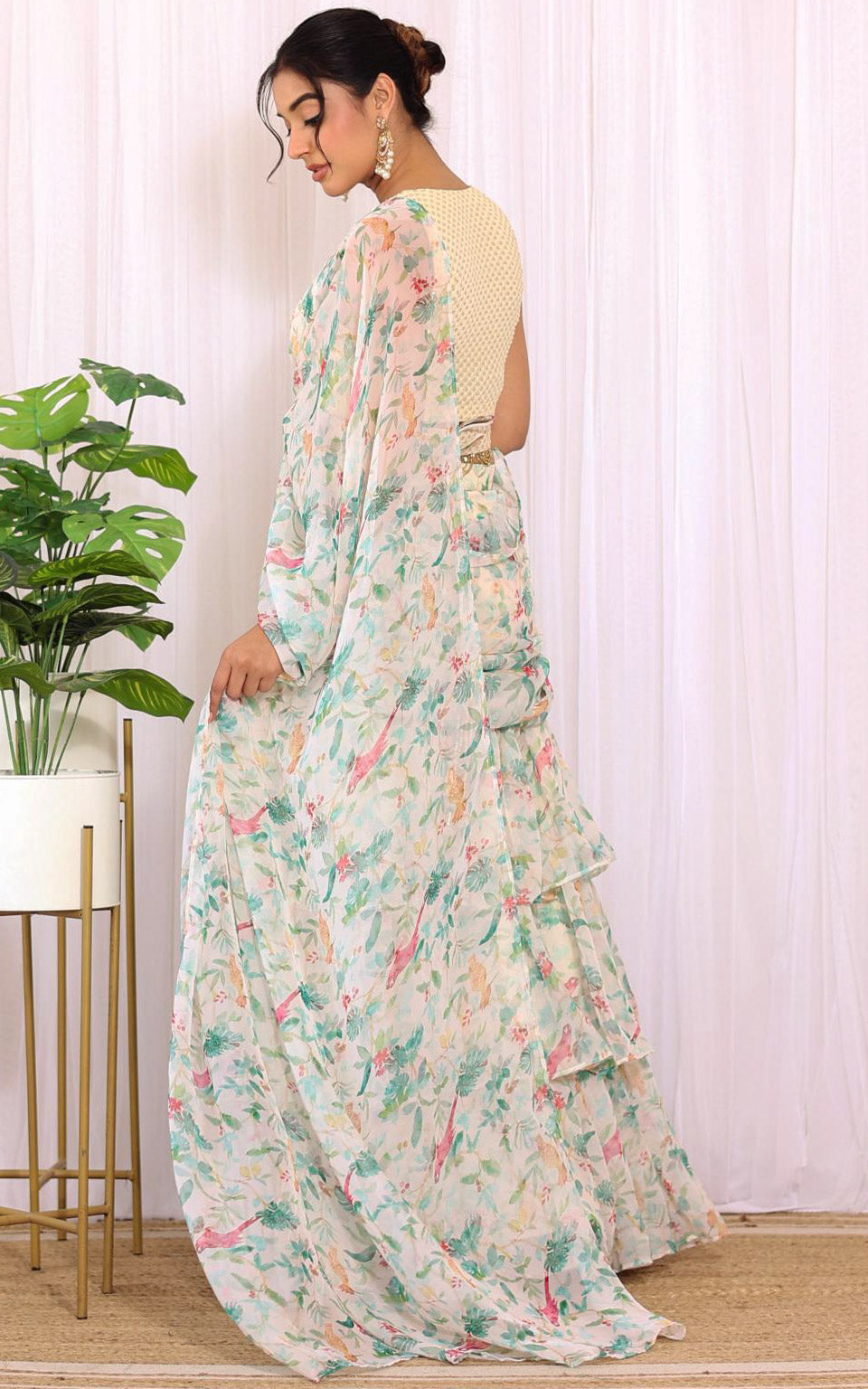 Shivani Off White Bird Floral Georgette Pre-Stitched Ruffle Saree With Embellished Belt