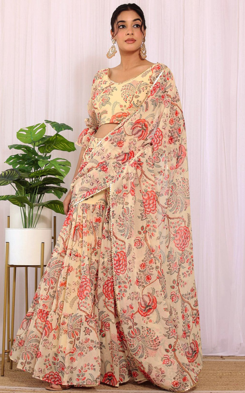 Ankita Beige Floral Printed Georgette Sharara Saree Set