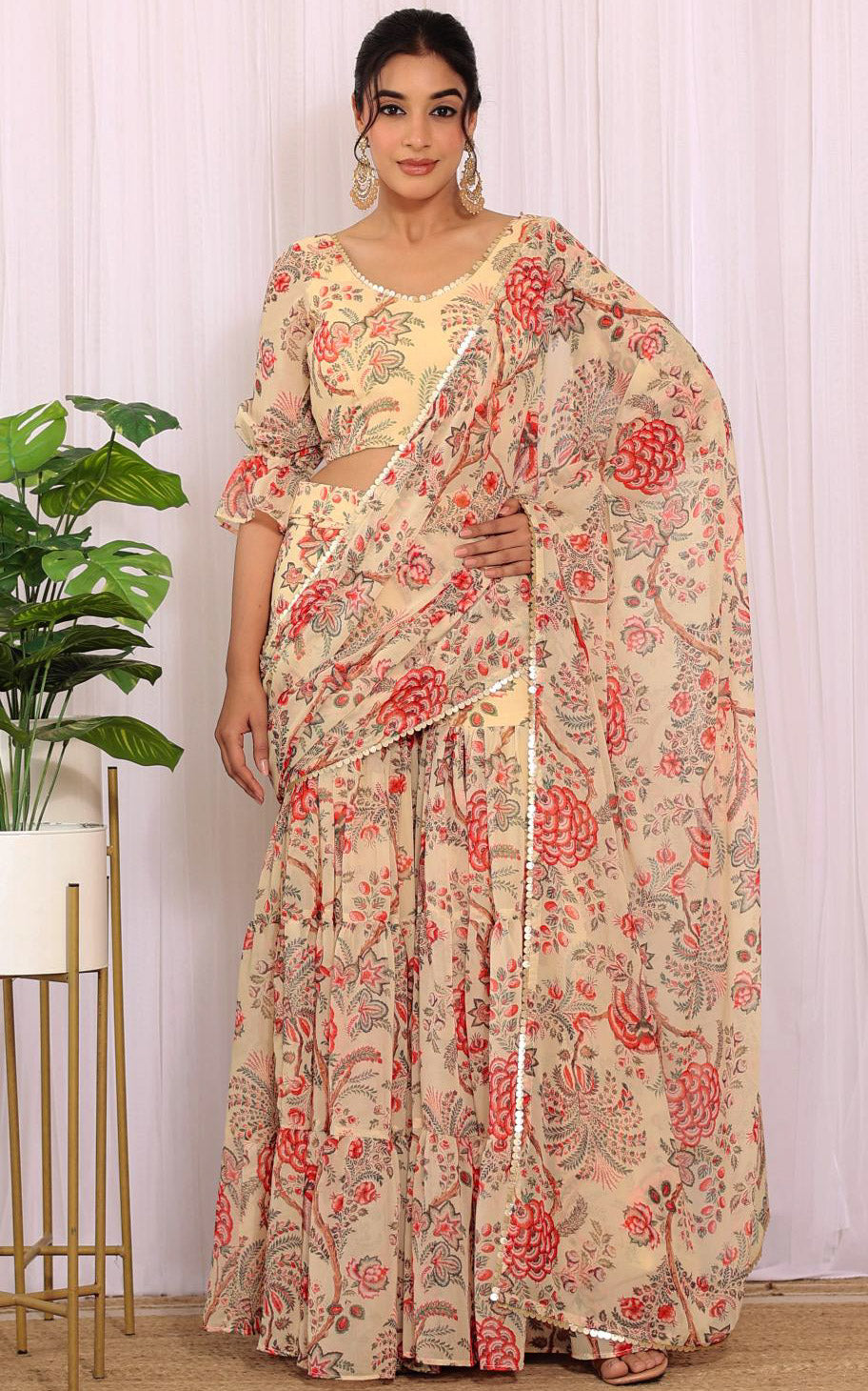 Ankita Beige Floral Printed Georgette Sharara Saree Set