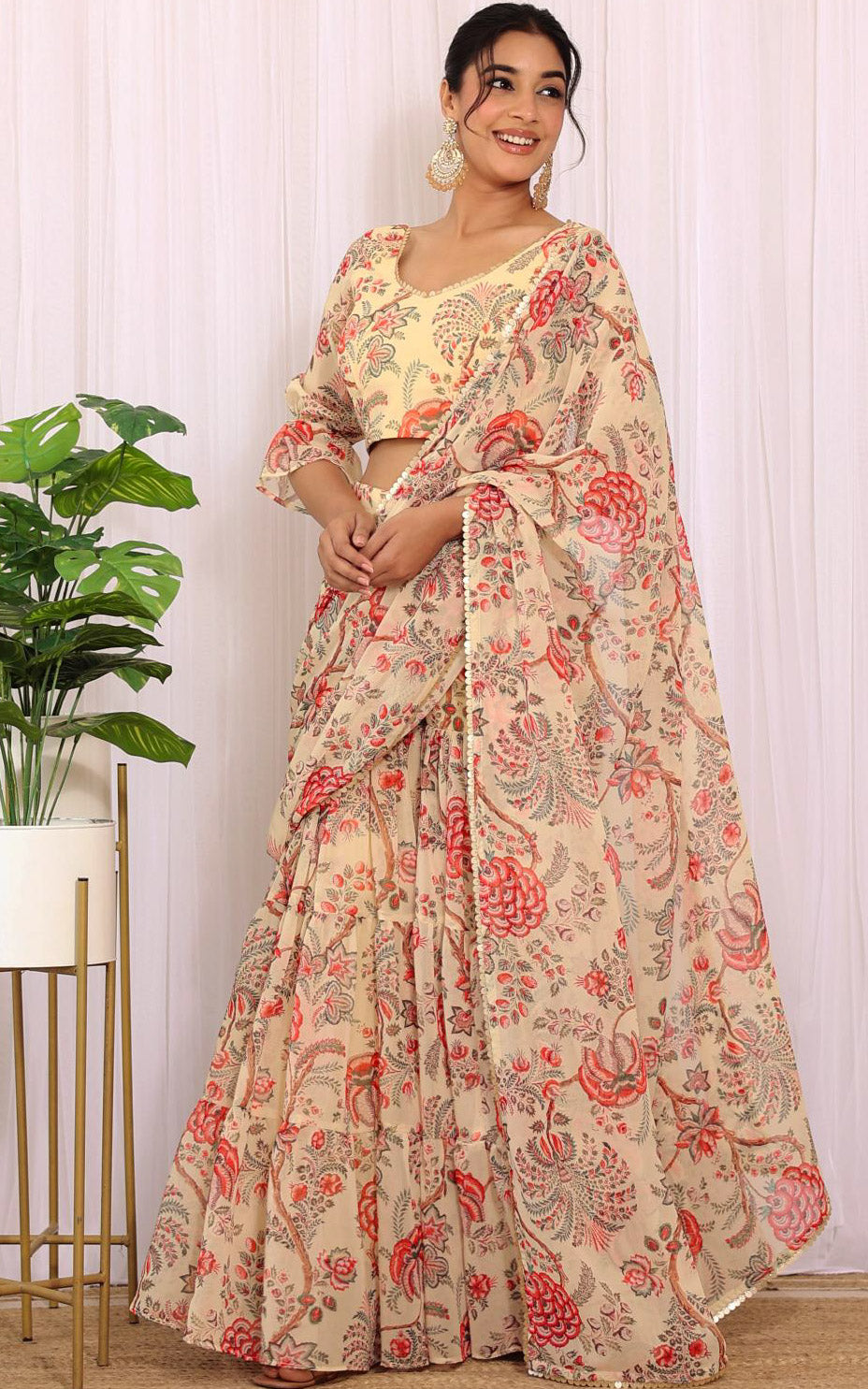 Ankita Beige Floral Printed Georgette Sharara Saree Set