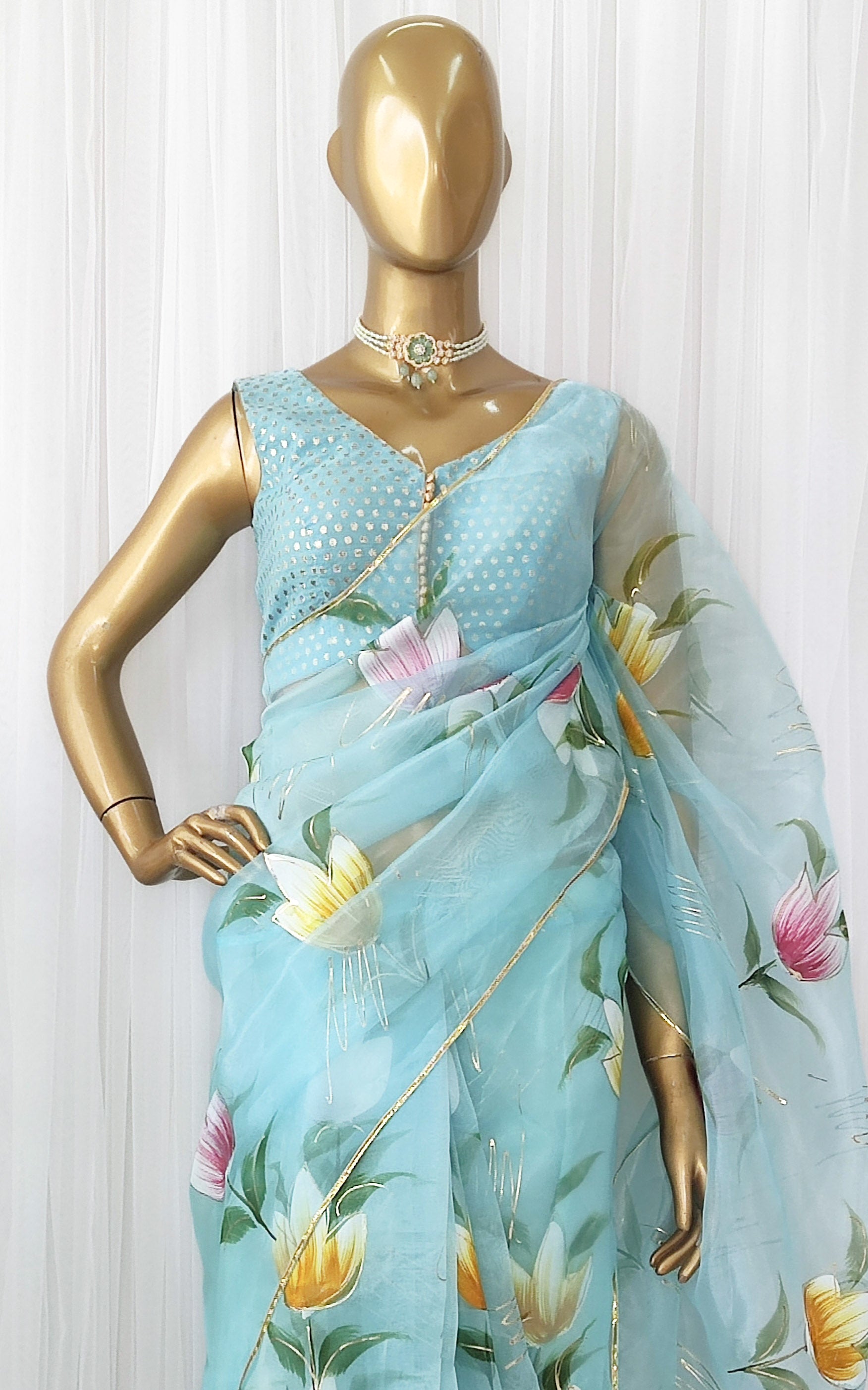 Aqua Handpainted Organza Saree