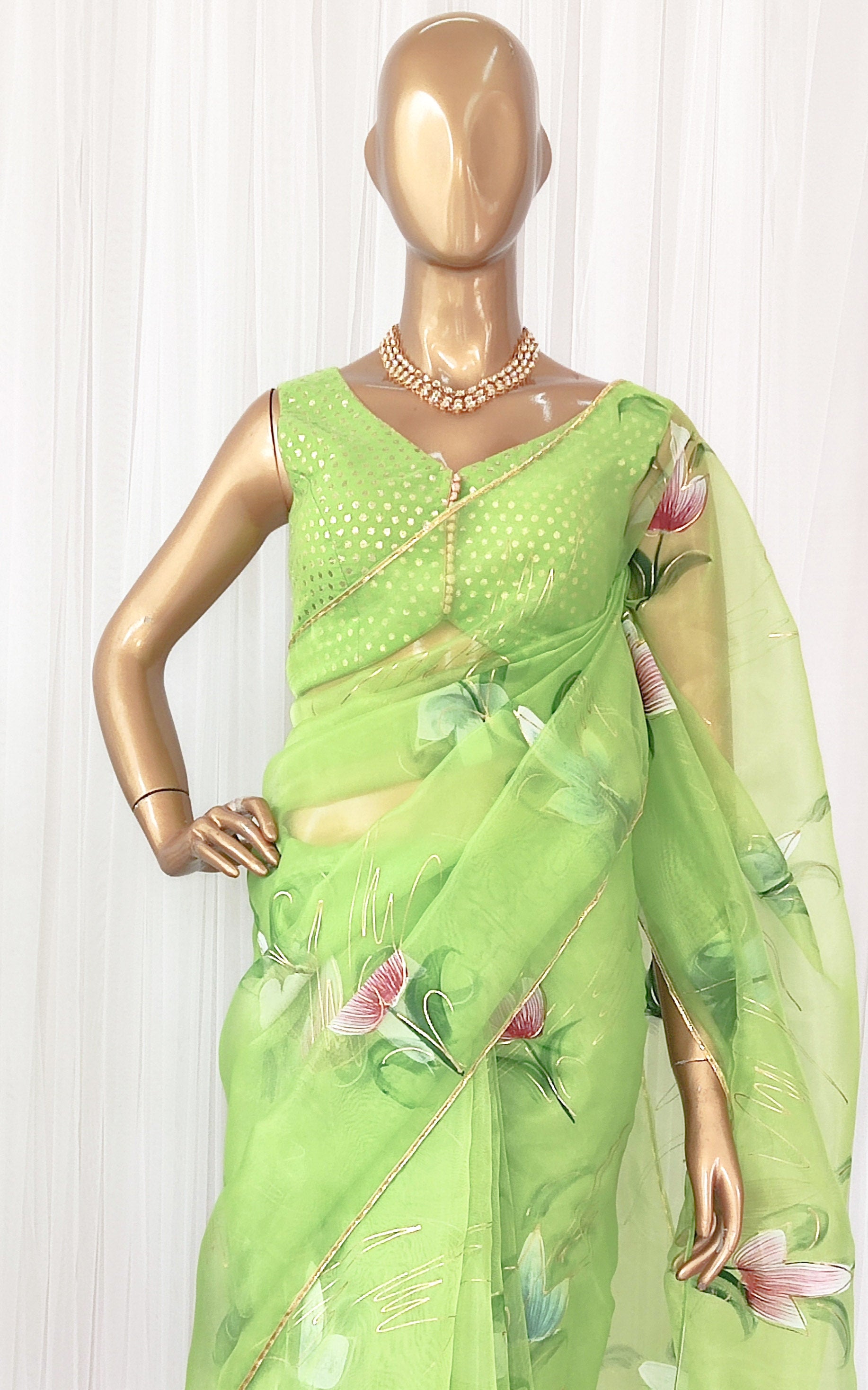 Lime Green Handpainted Organza Saree