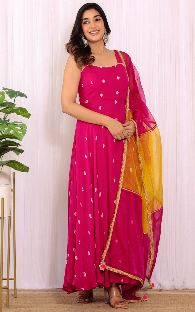 Swati Rathi Pink Bandhej Anarkali With Multicolored Organza Dupatta