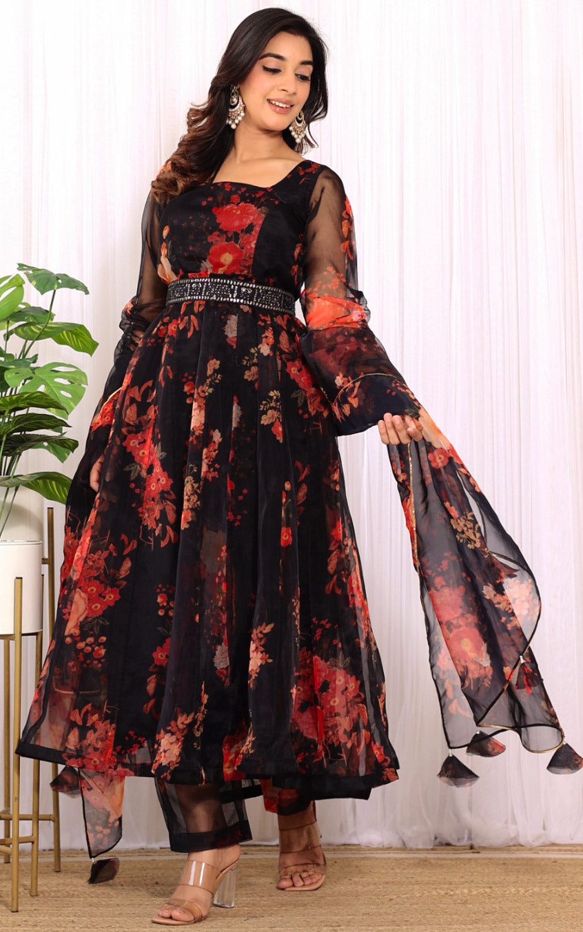 Black Floral Organza Anarkali