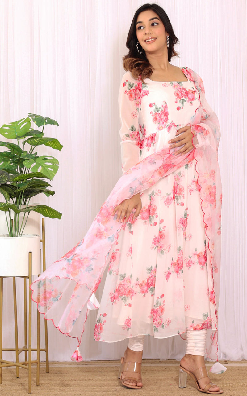 Women'S White Floral Anarkali Pant Set With Dupatta