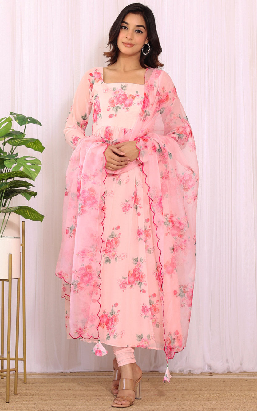 Anam Blush Pink Floral Georgette Anarkali with Cutwork Organza Dupatta