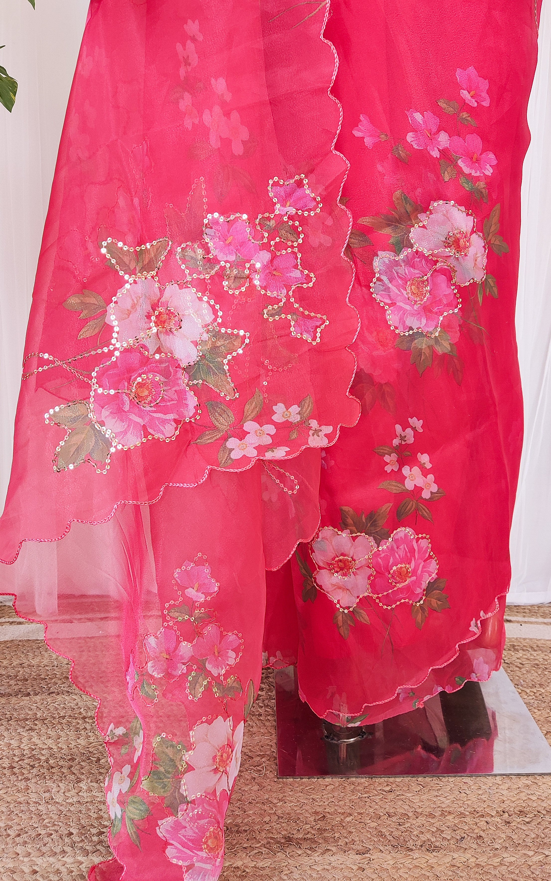 Cherry Red Floral Sequinwork Organza Saree
