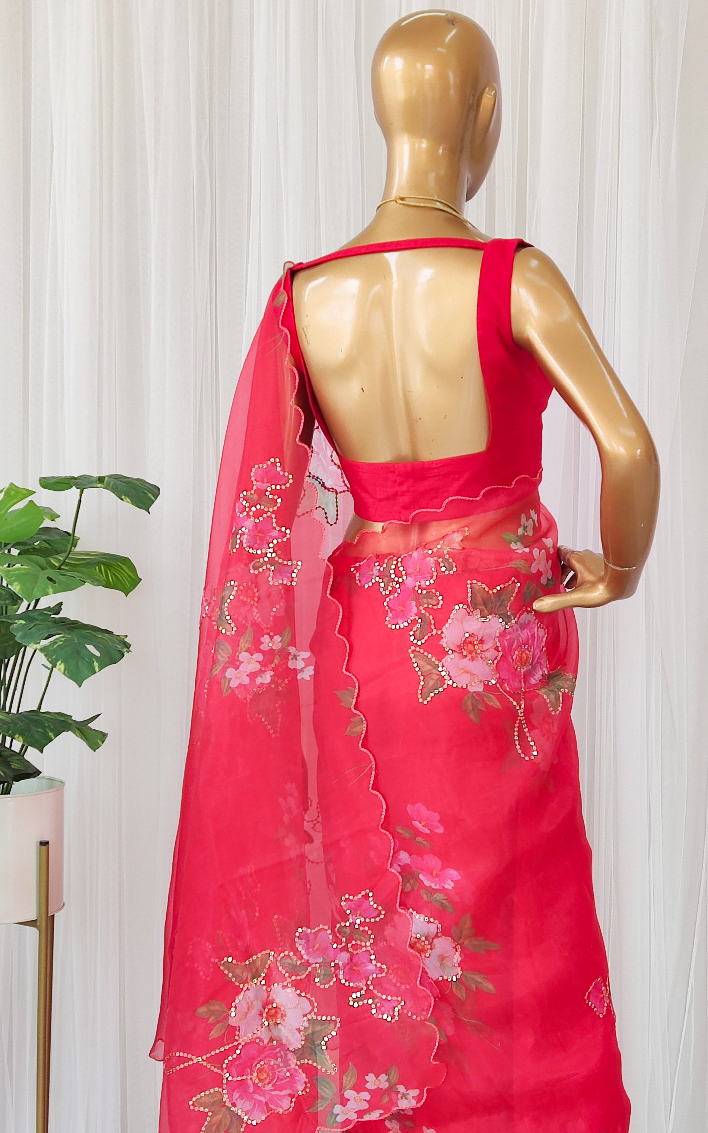 Cherry Red Floral Sequinwork Organza Saree