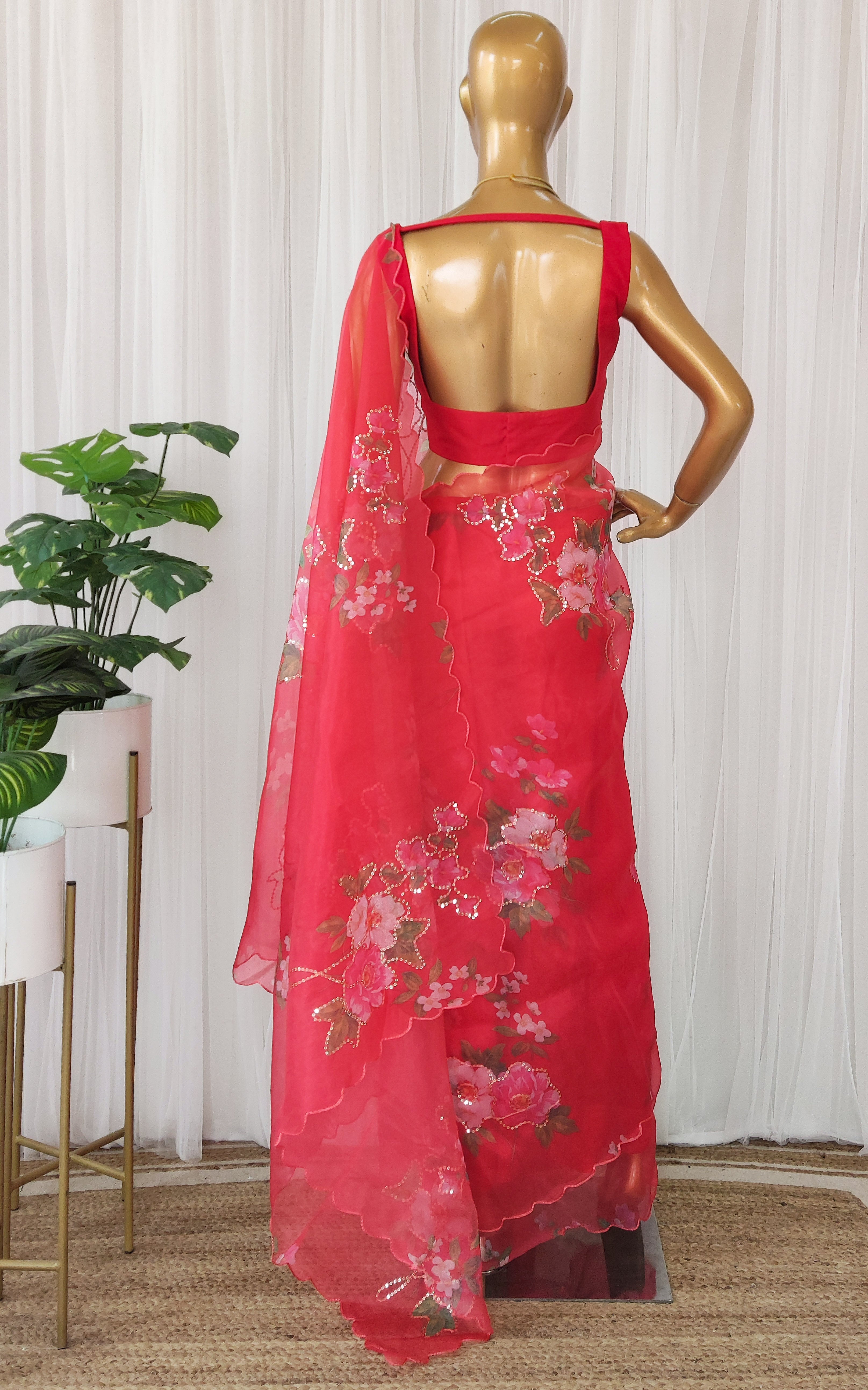 Cherry Red Floral Sequinwork Organza Saree