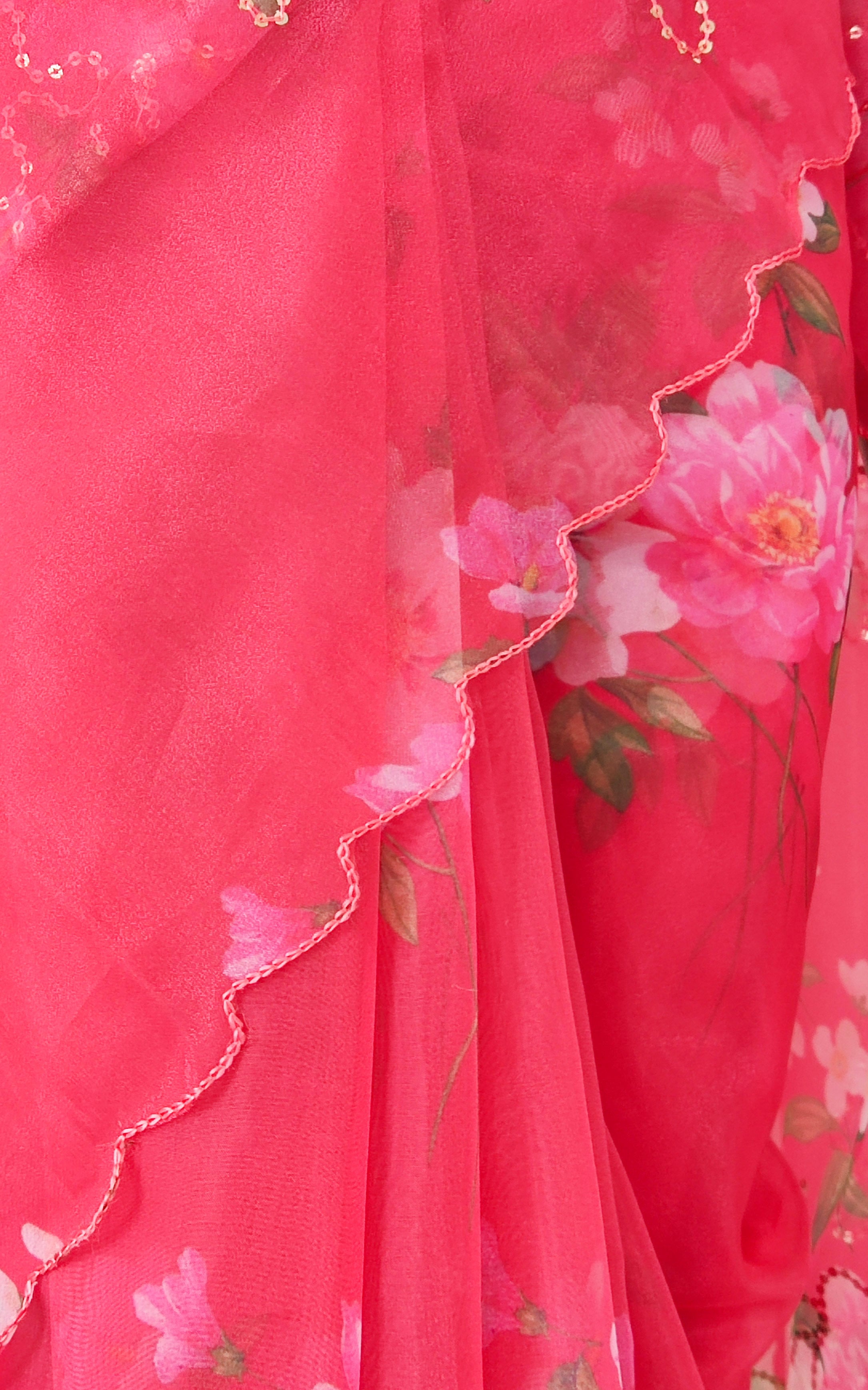 Cherry Red Floral Sequinwork Organza Saree