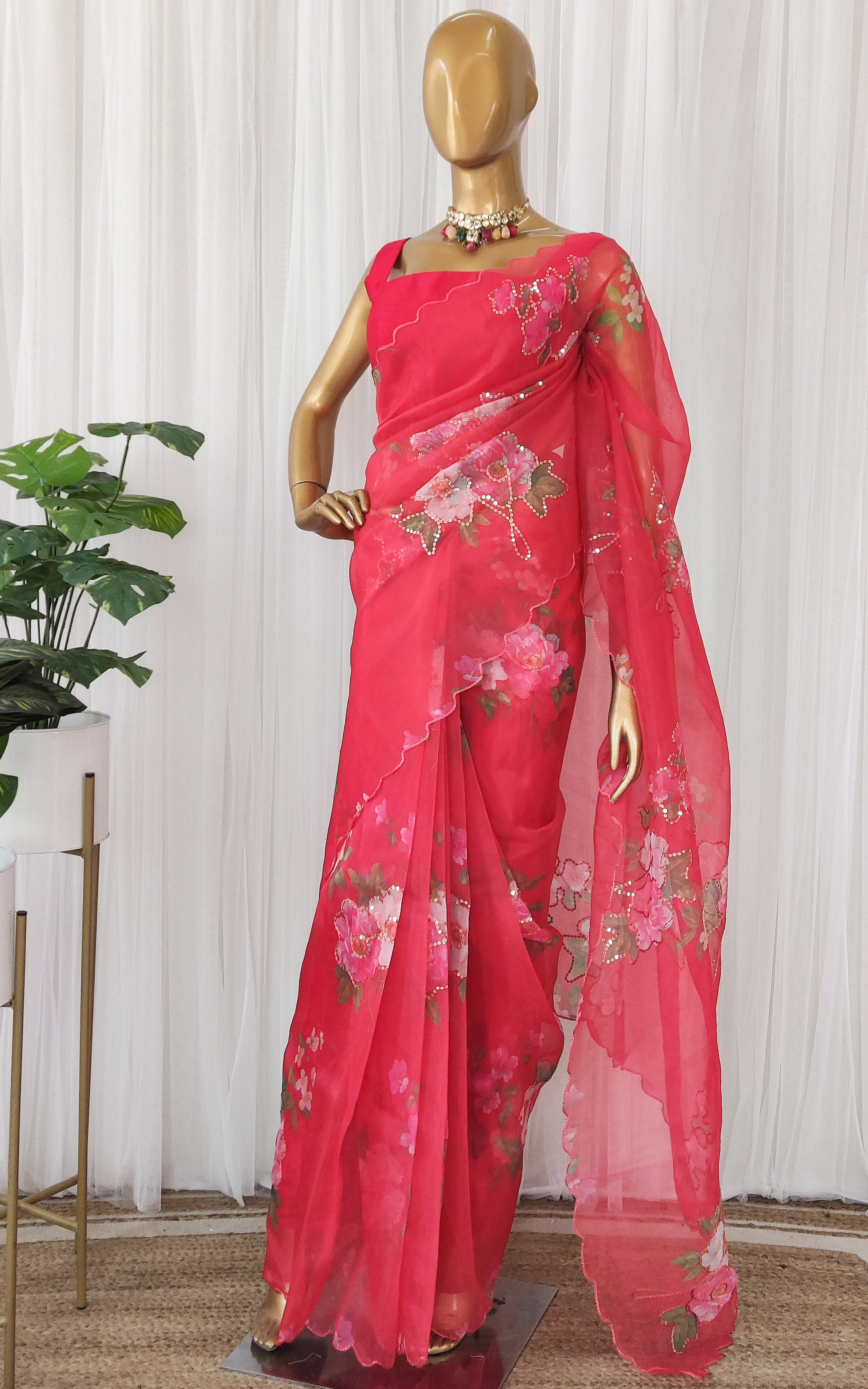 Cherry Red Floral Sequinwork Organza Saree