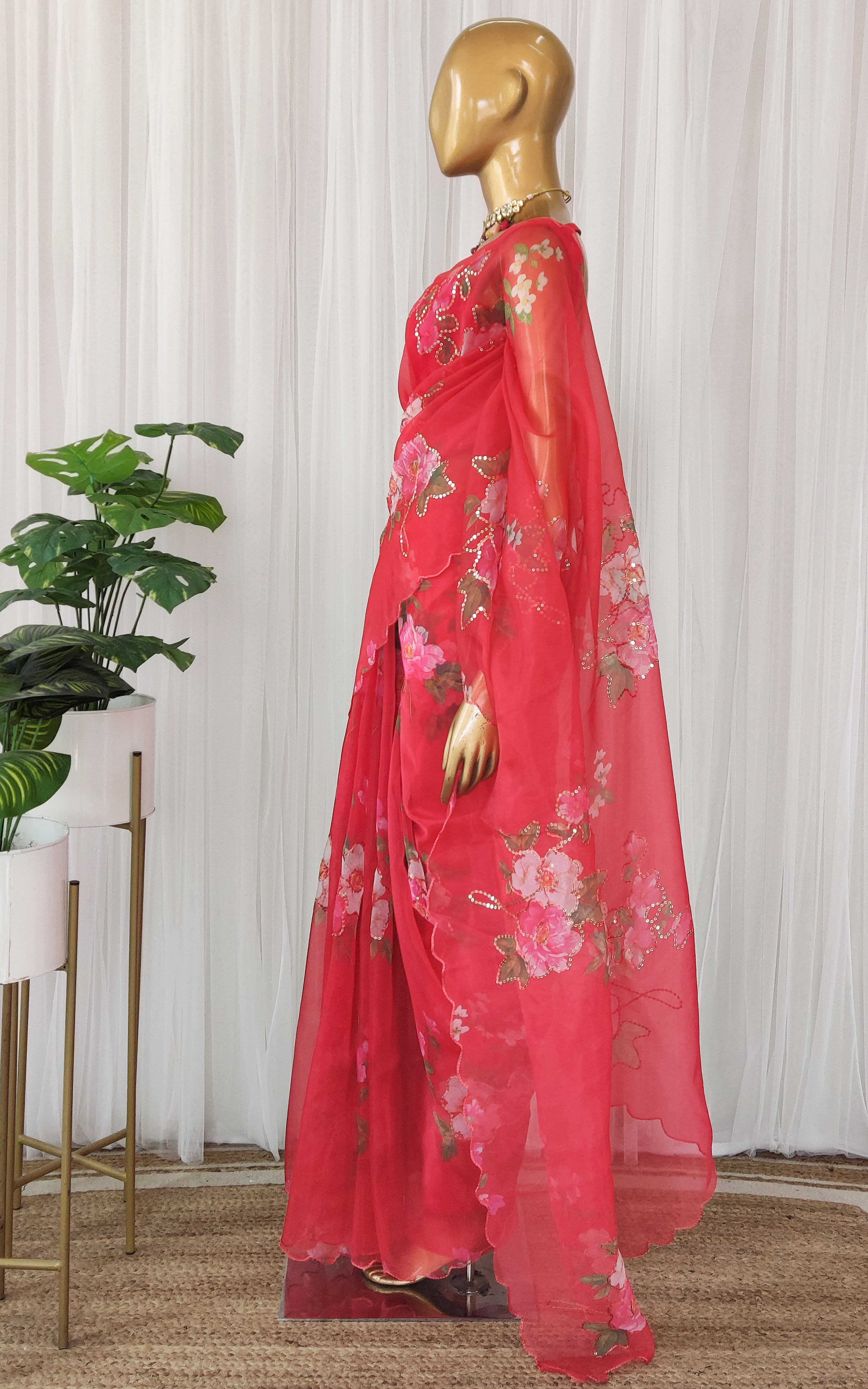 Cherry Red Floral Sequinwork Organza Saree