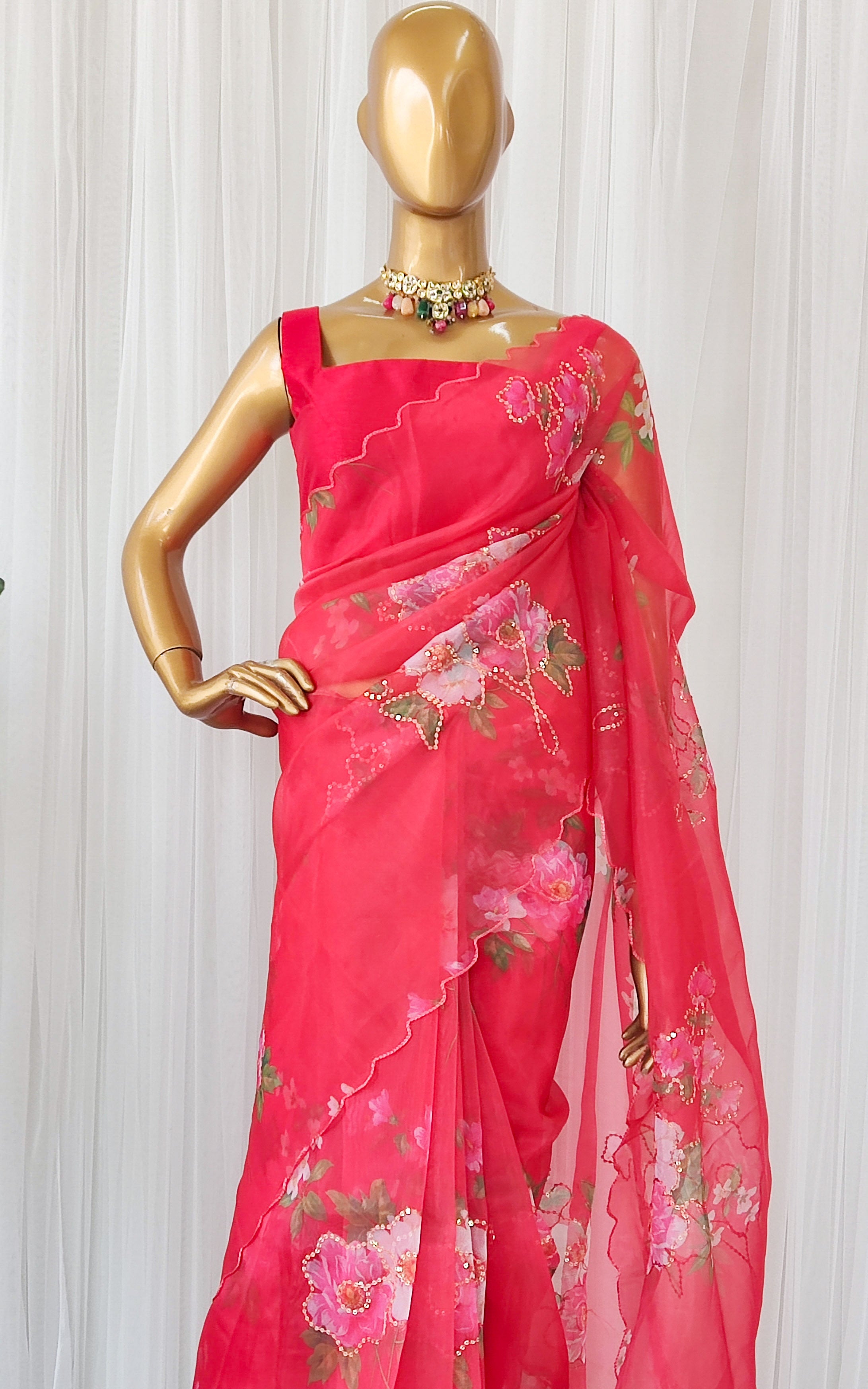 Cherry Red Floral Sequinwork Organza Saree