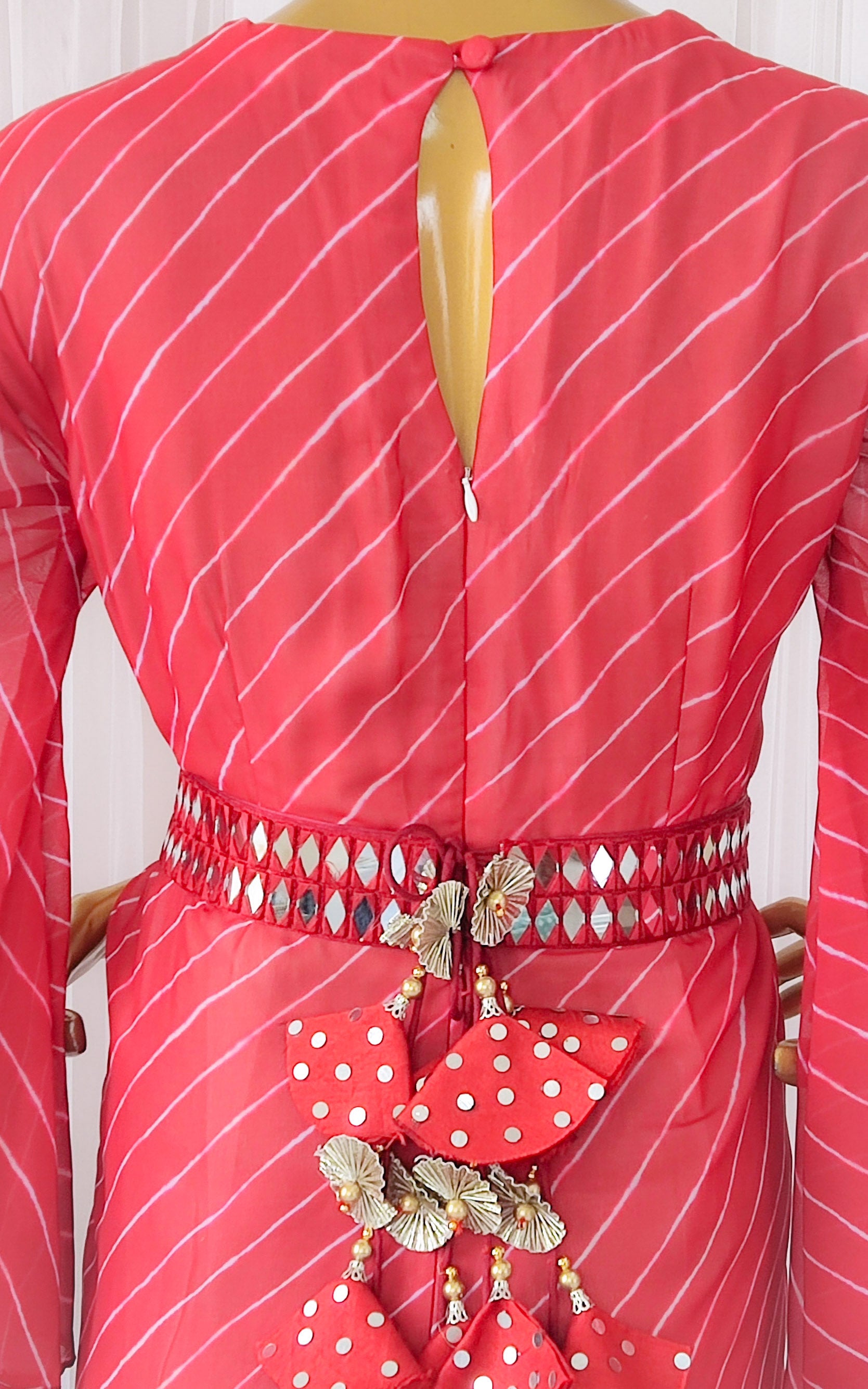Sapna Red & White Leheriya Mirrorwork Jumpsuit with Mirrorwork Belt