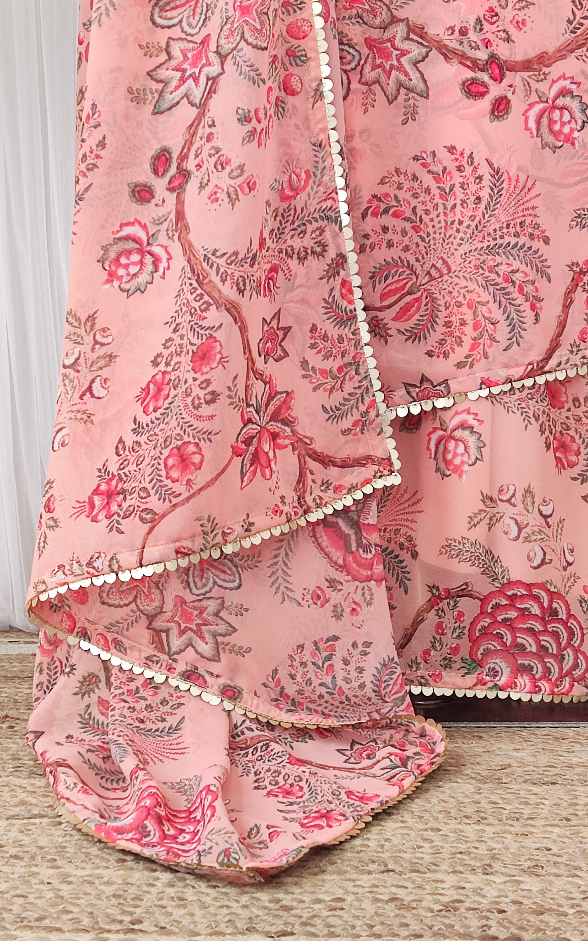 Peach Floral Georgette Saree with Mukaish Blouse