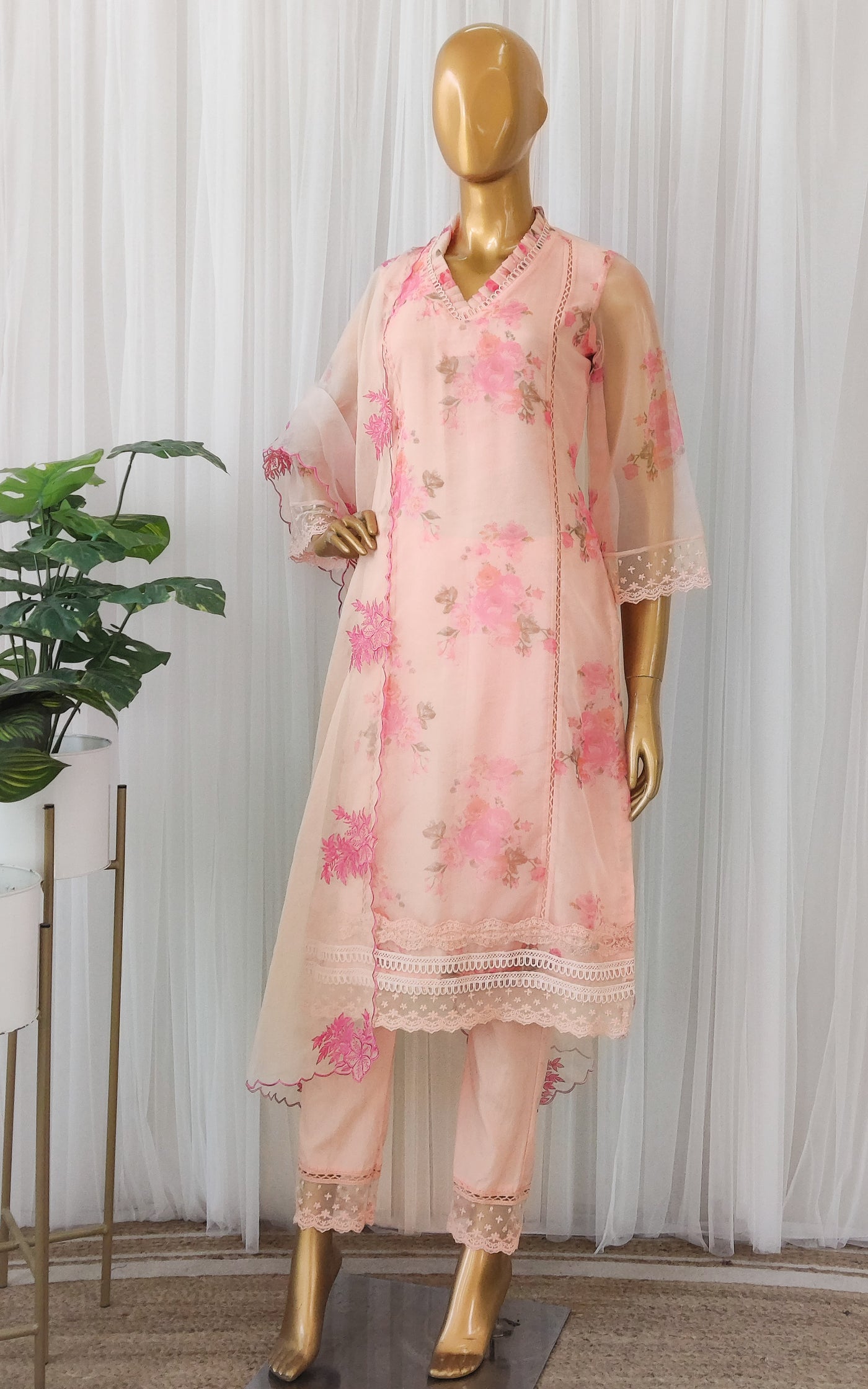 Cream Multi Colored Floral Printed Kurta Set With Olive Green Pants main image 0