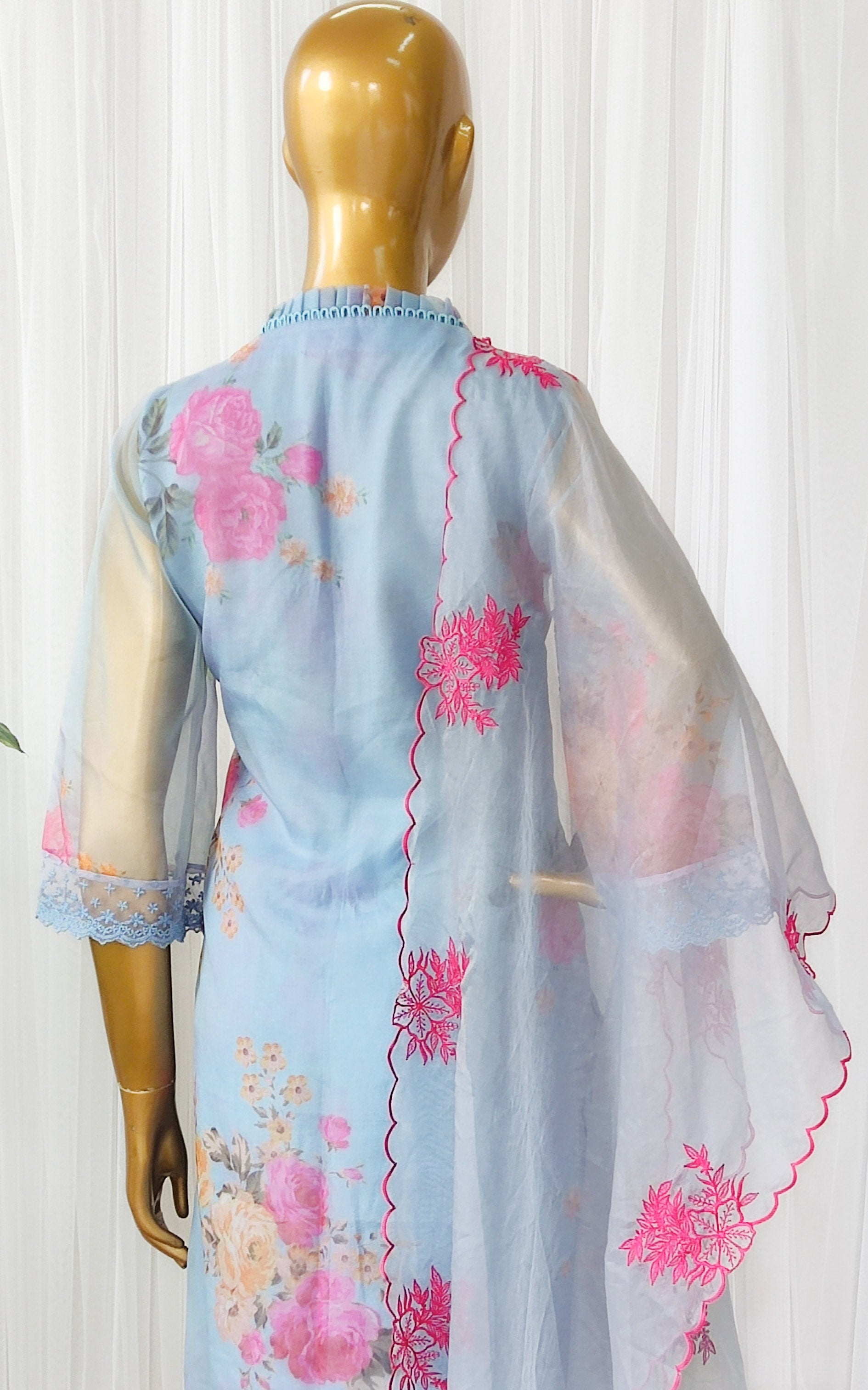 Powder Blue Floral Organza Kurta Set with Embroidered Dupatta