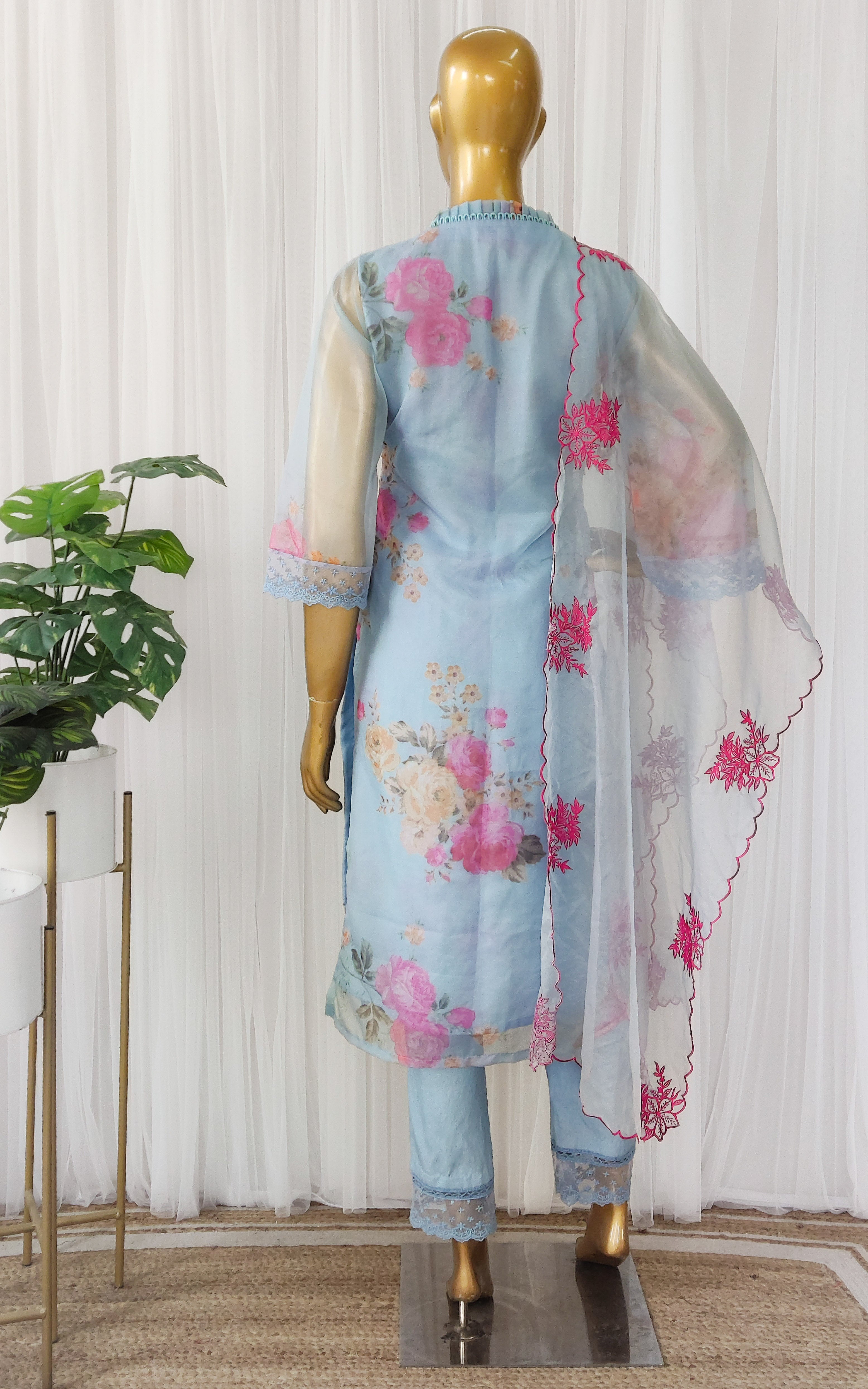 Powder Blue Floral Organza Kurta Set with Embroidered Dupatta
