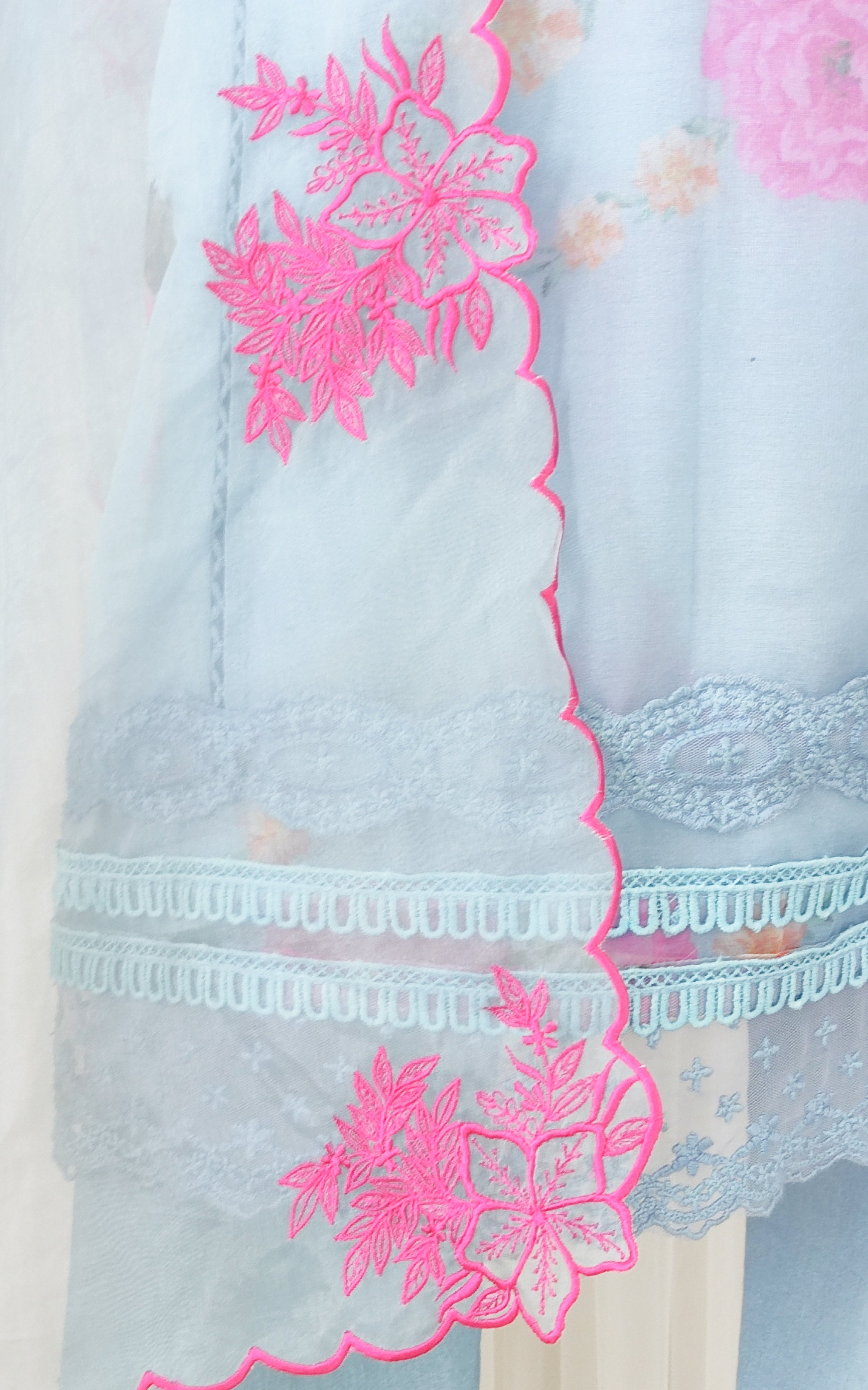 Powder Blue Floral Organza Kurta Set with Embroidered Dupatta