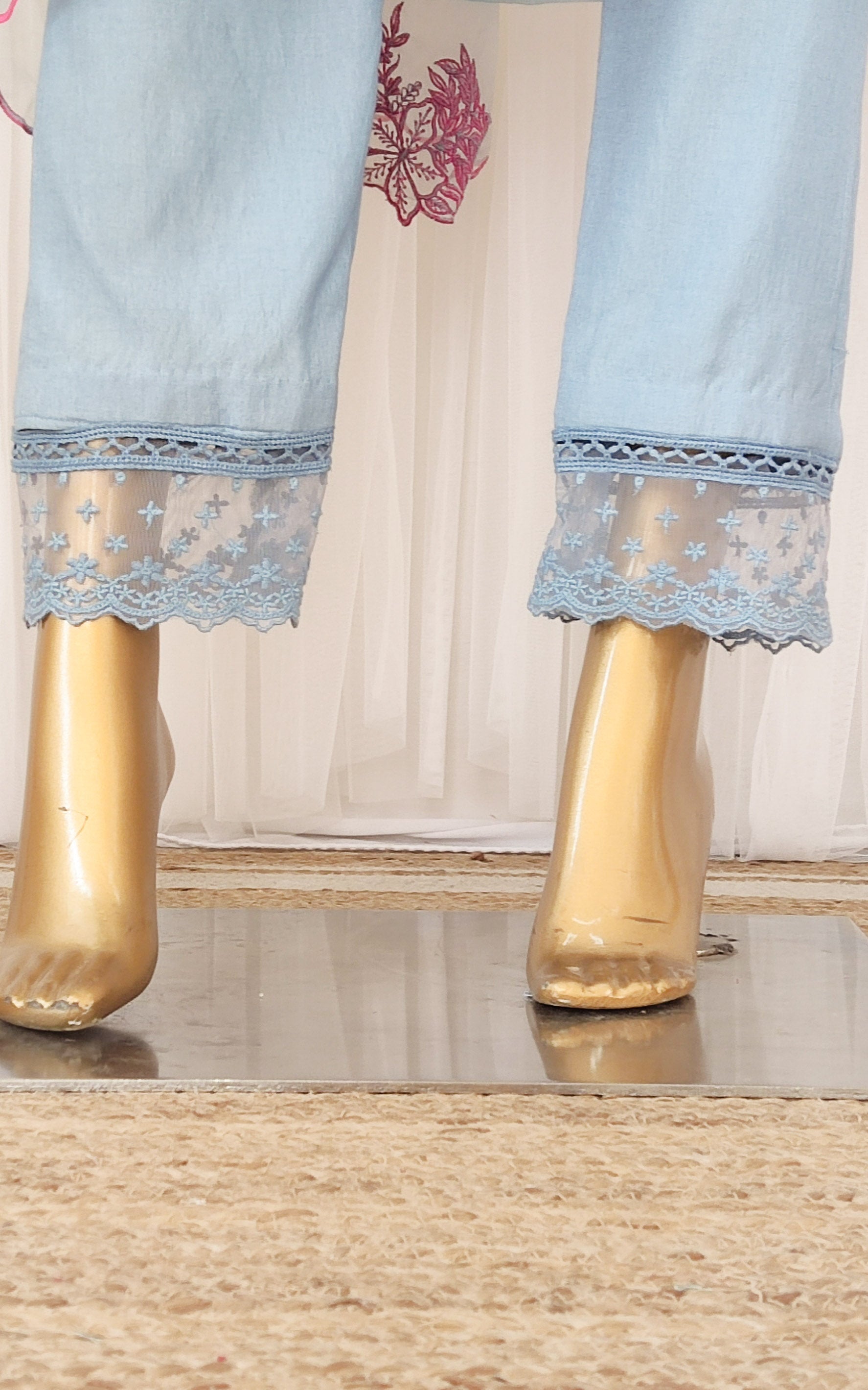 Powder Blue Floral Organza Kurta Set with Embroidered Dupatta