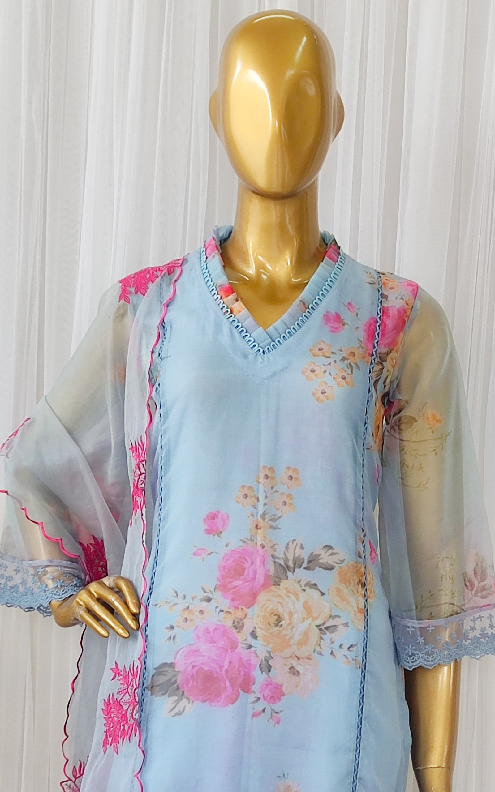 Powder Blue Floral Organza Kurta Set with Embroidered Dupatta