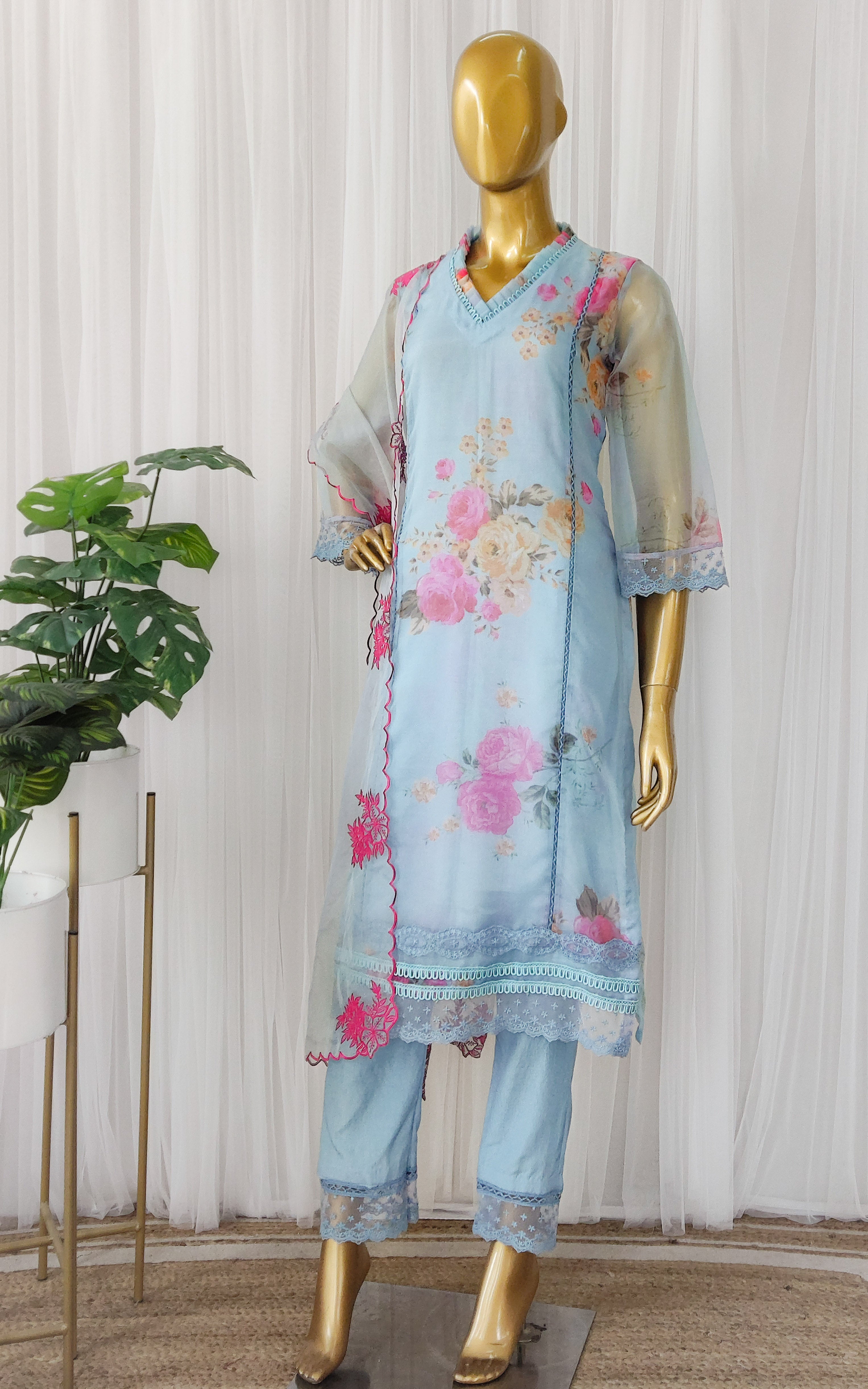 Powder Blue Floral Organza Kurta Set with Embroidered Dupatta