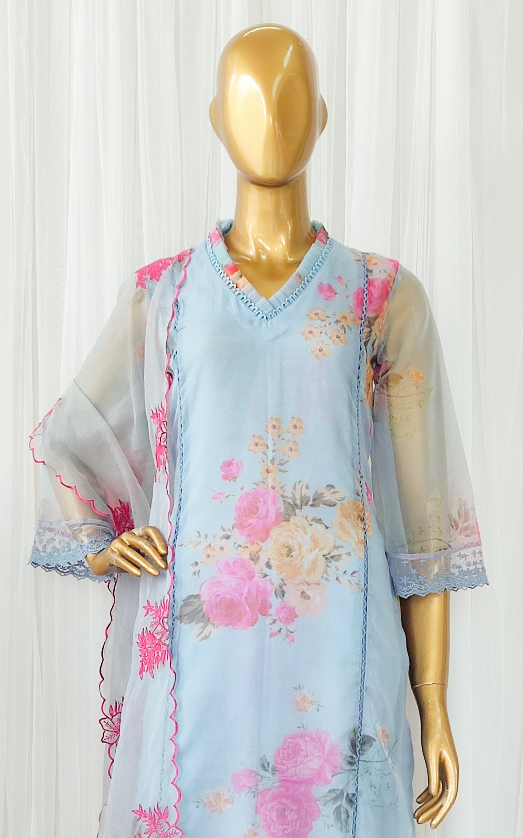 Powder Blue Floral Organza Kurta Set with Embroidered Dupatta