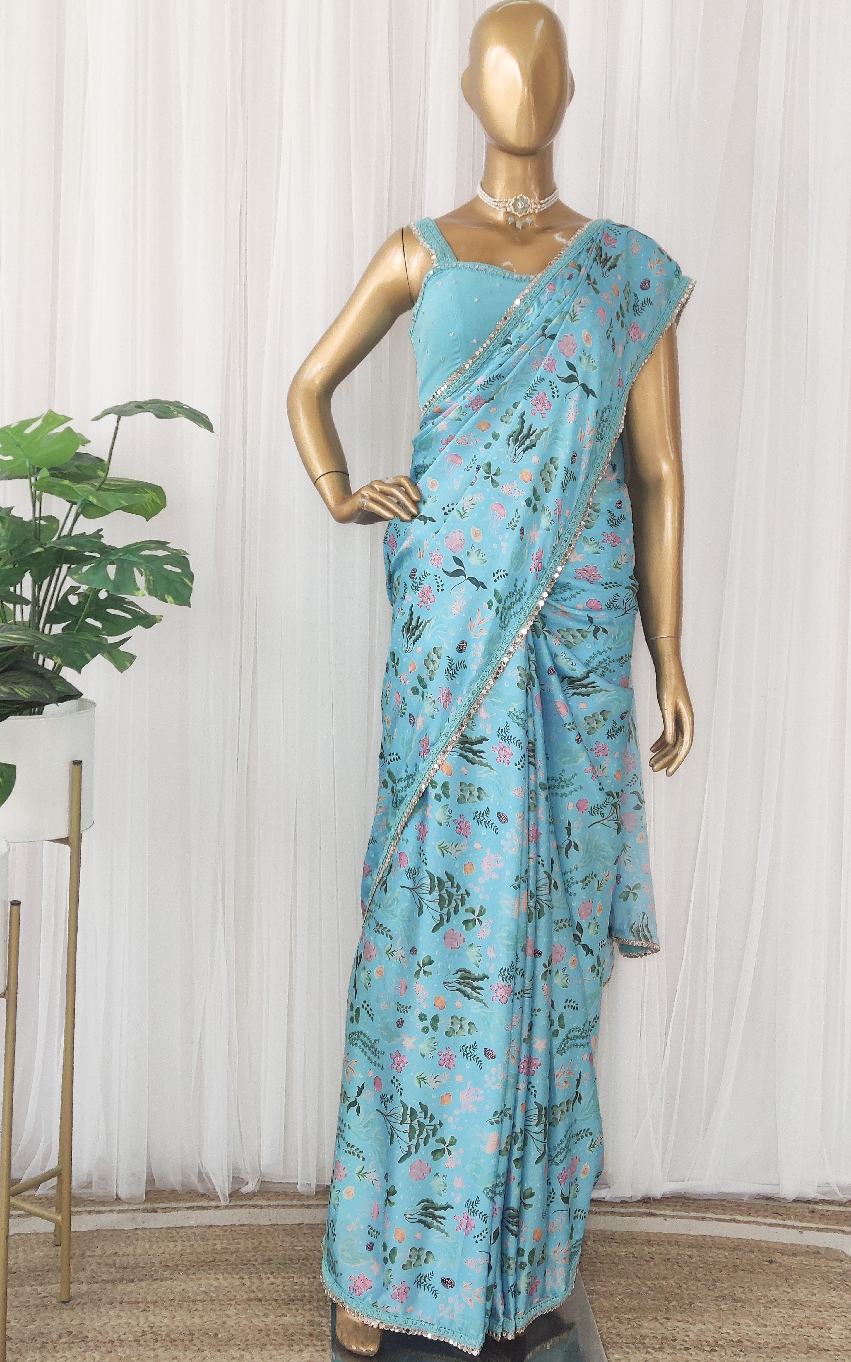 Turquoise Aquatic Print Satin Saree