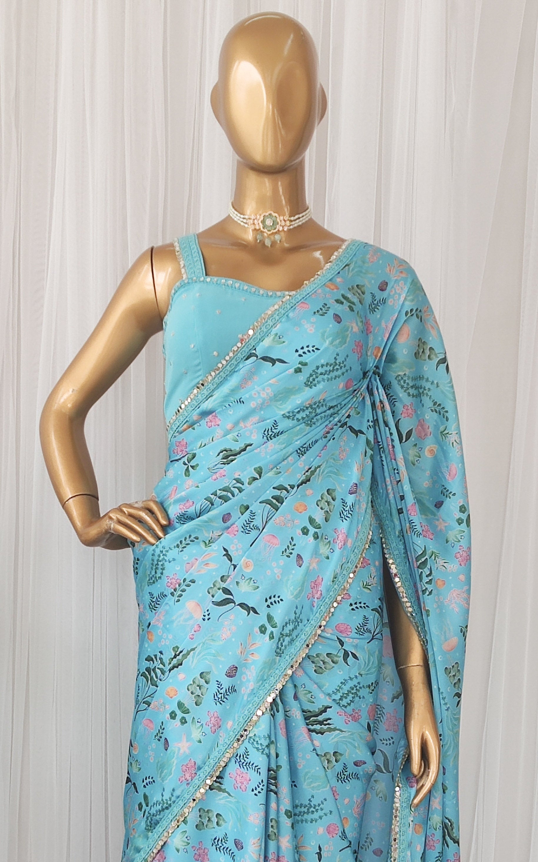 Turquoise Aquatic Print Satin Saree