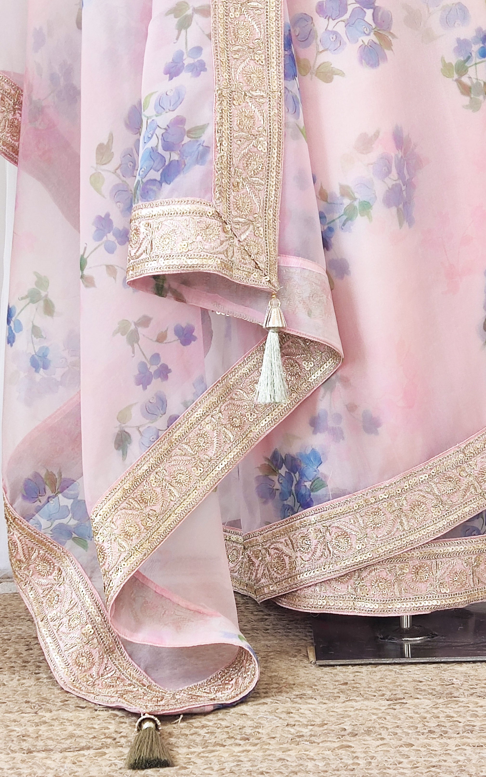 Pink & Blue Floral Organza Saree With Zari Lace Border