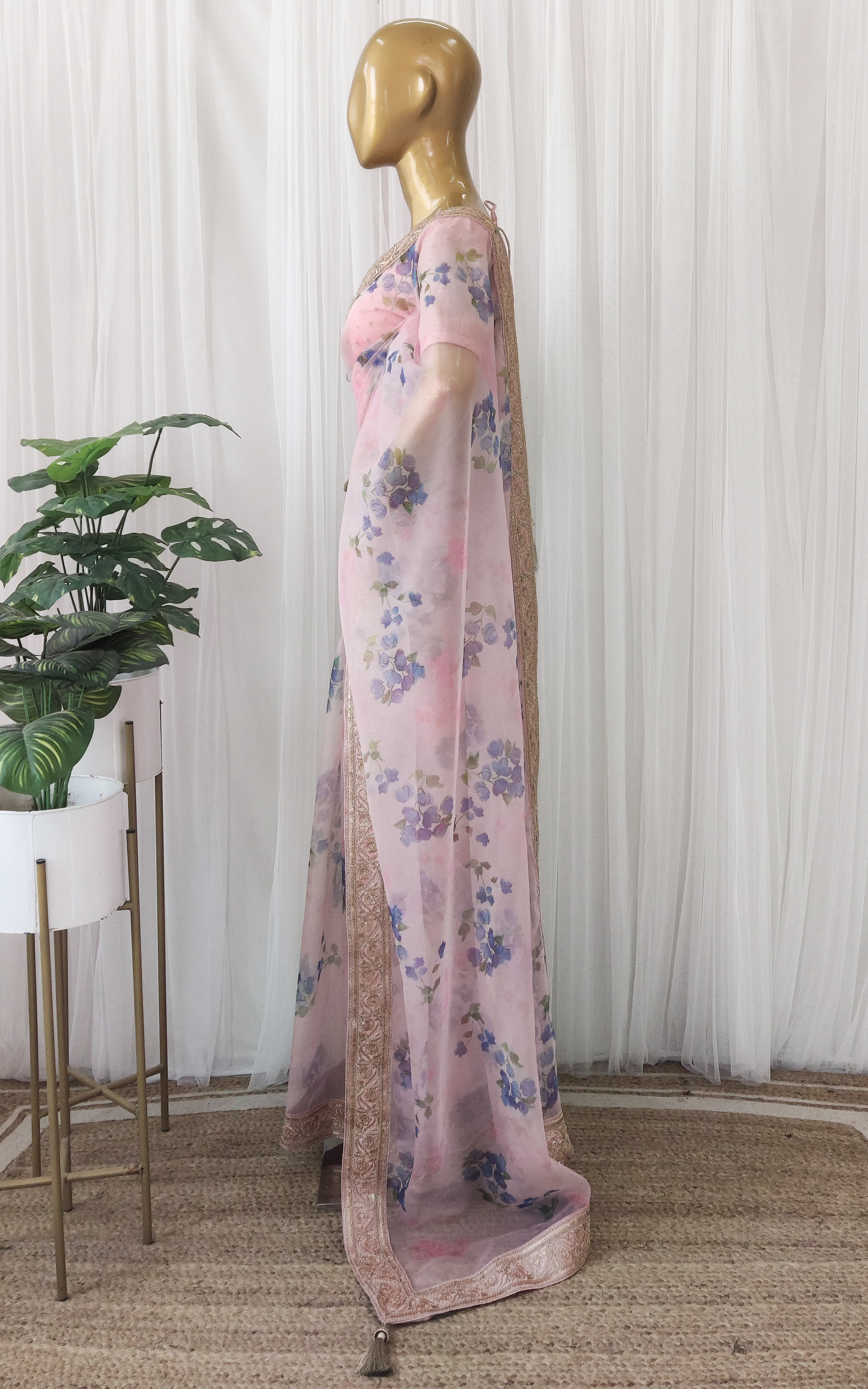Pink & Blue Floral Organza Saree With Zari Lace Border