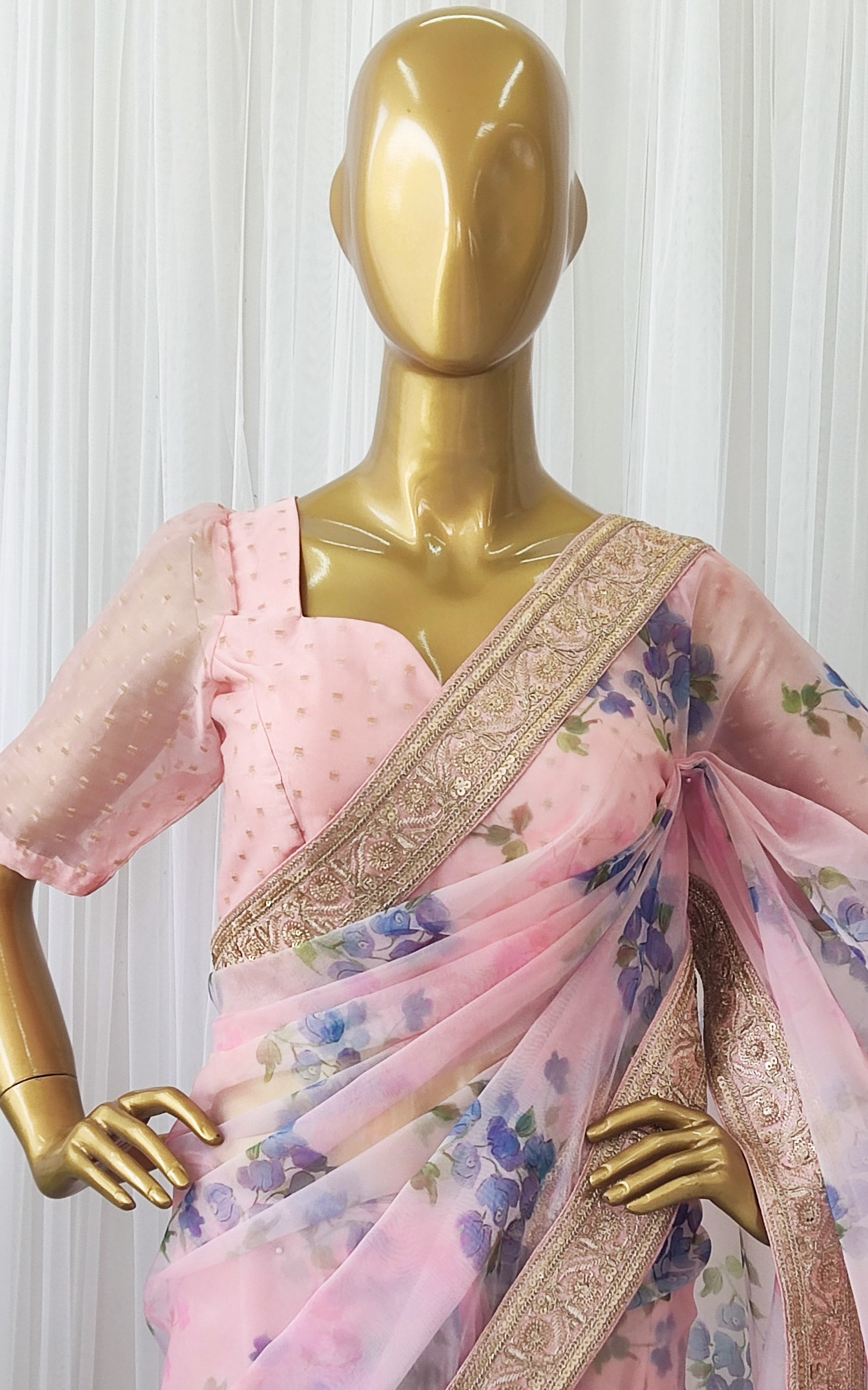 Pink & Blue Floral Organza Saree With Zari Lace Border